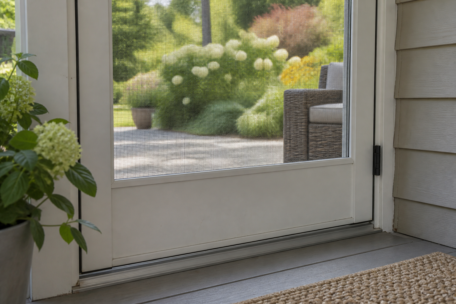 Illustrative screen door and threshold with a summer garden beyond, showing an entry area for routine pest prevention checks.