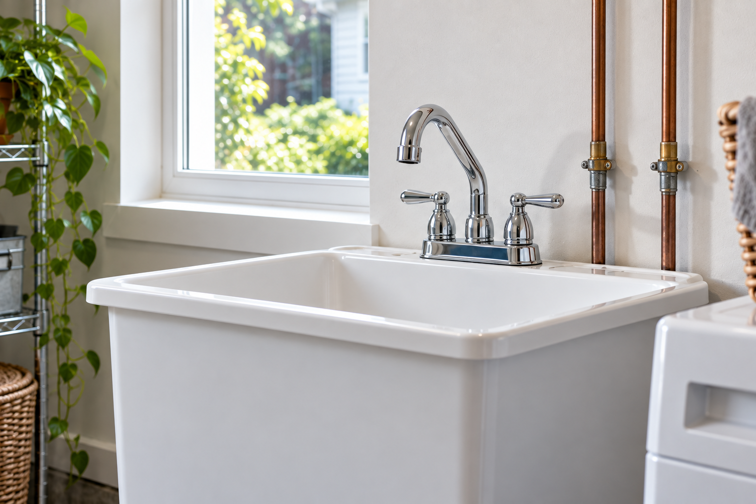 Illustrative utility sink basin and faucet in a clean laundry area.