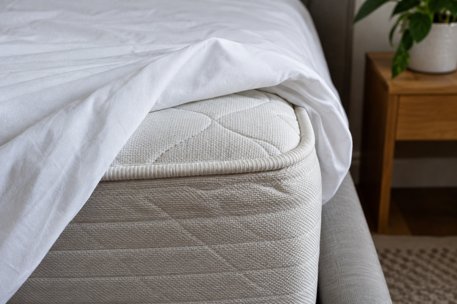 Illustrative mattress corner with bedding folded back to reveal piping and seams, showing areas to inspect for bed bug signs.