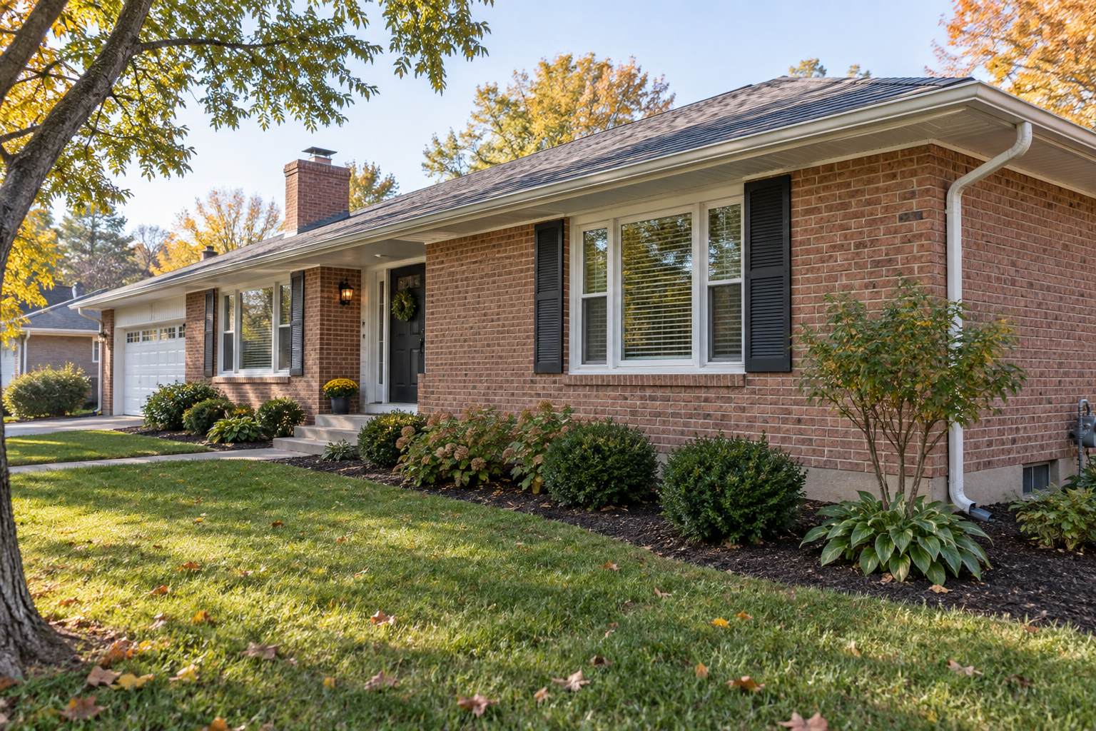 Illustrative Missouri brick home with a maintained lawn and visible foundation.