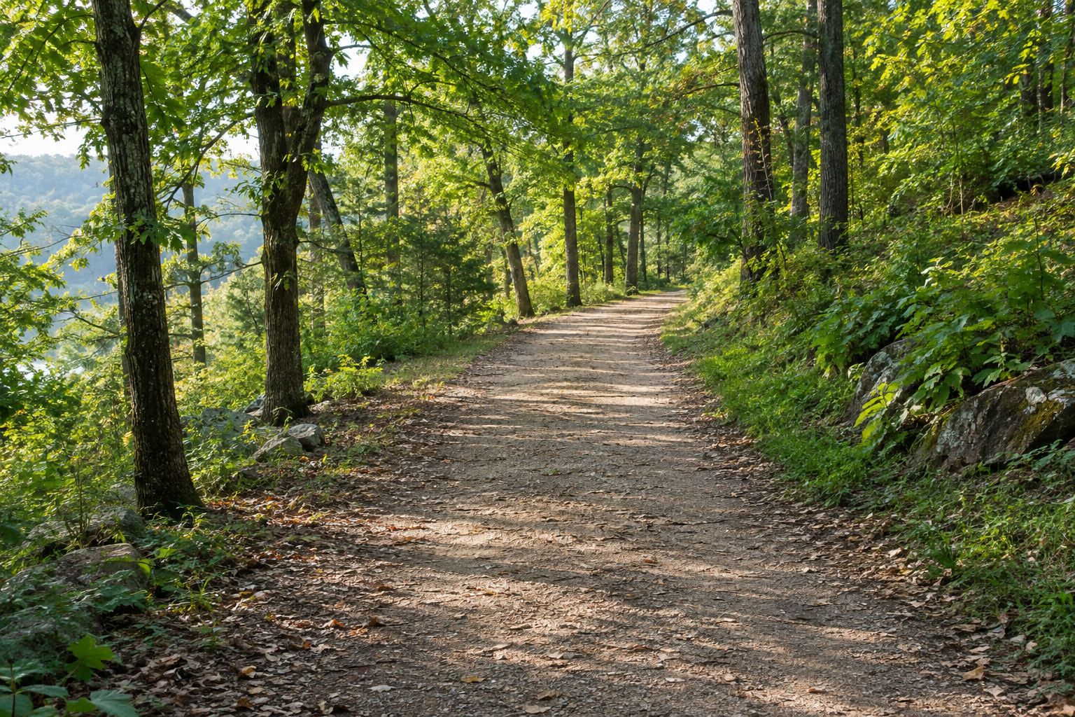 Illustrative maintained woodland trail with vegetation along its edges, showing an outdoor setting relevant to tick prevention.