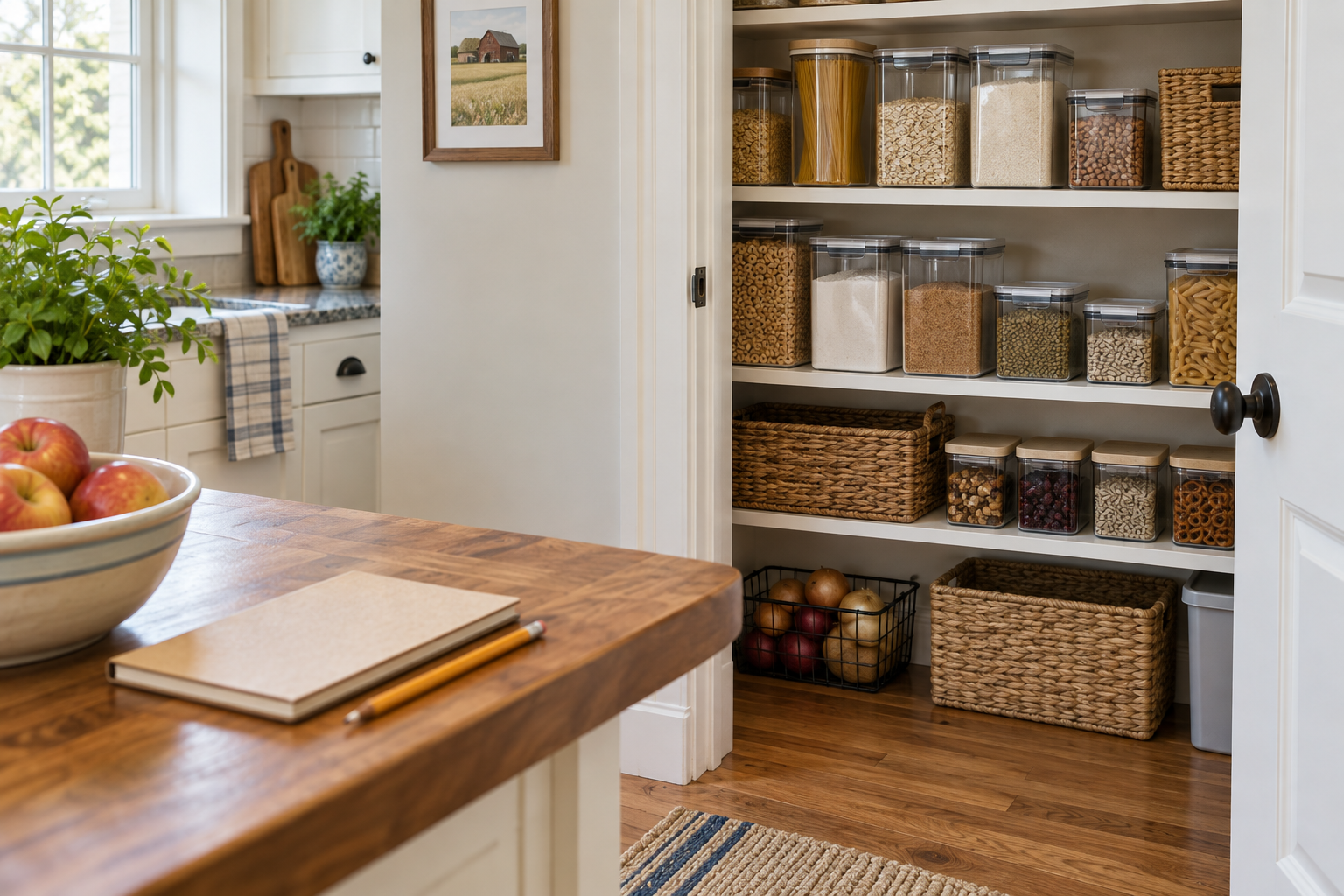 Illustrative tidy pantry with sealed food containers and a notebook for household pest-prevention planning.