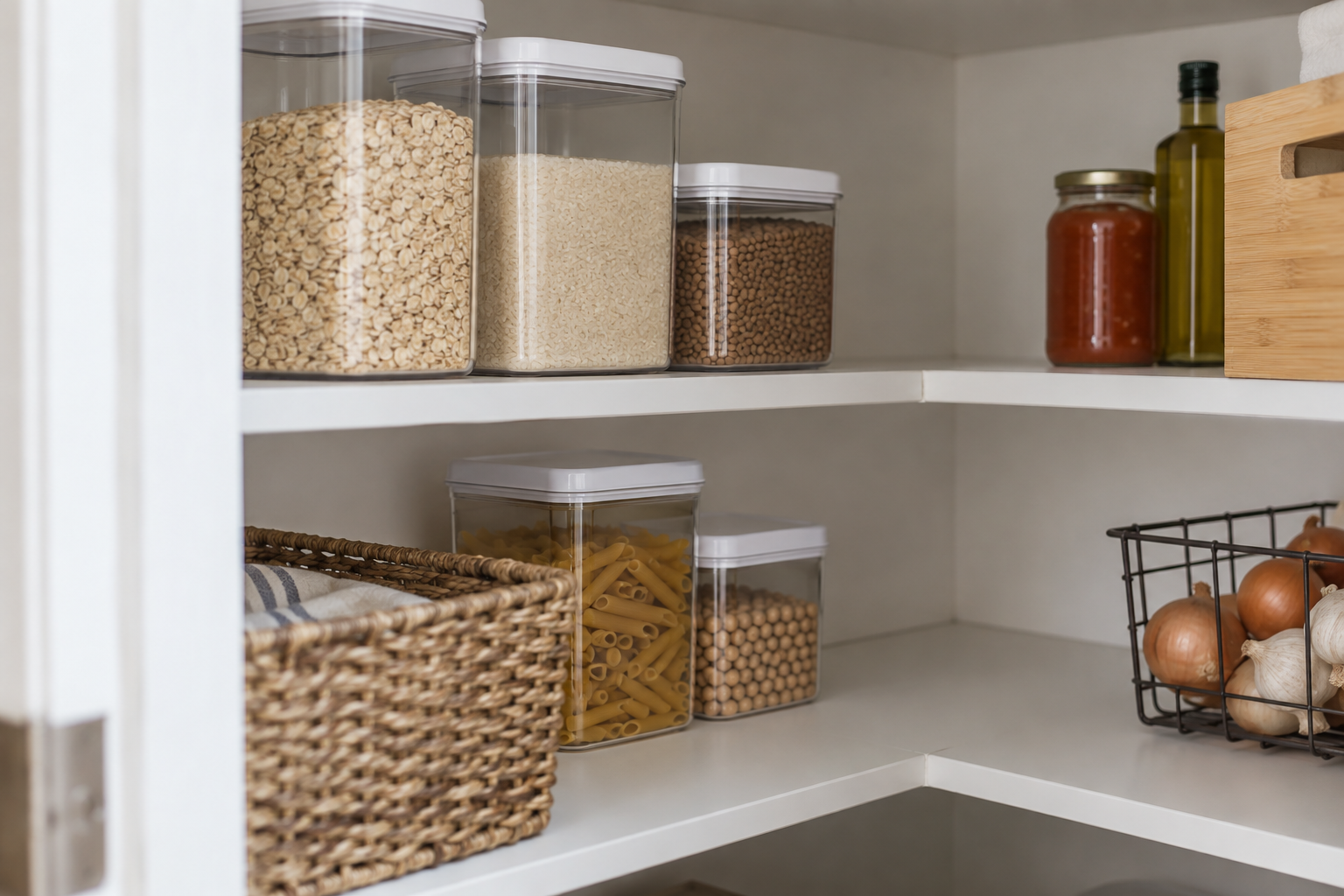 Illustrative pantry shelves with sealed food containers and open space at shelf corners.
