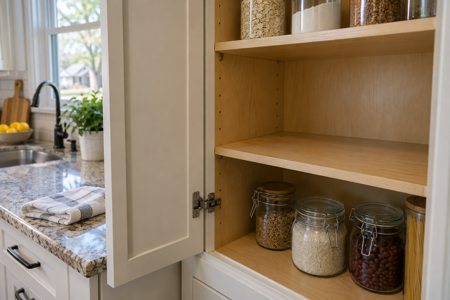 Illustrative open pantry cabinet with a cleared shelf and closed food jars, showing accessible corners for cleaning and inspection.