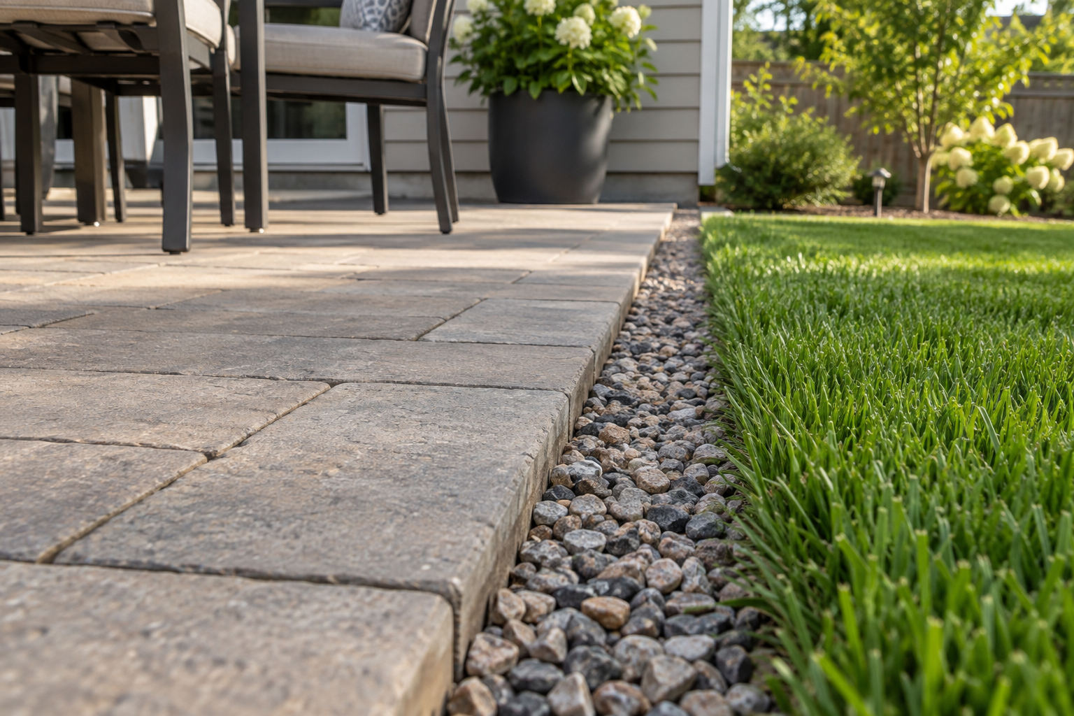 Illustrative patio paver edge with a gravel border and trimmed grass.