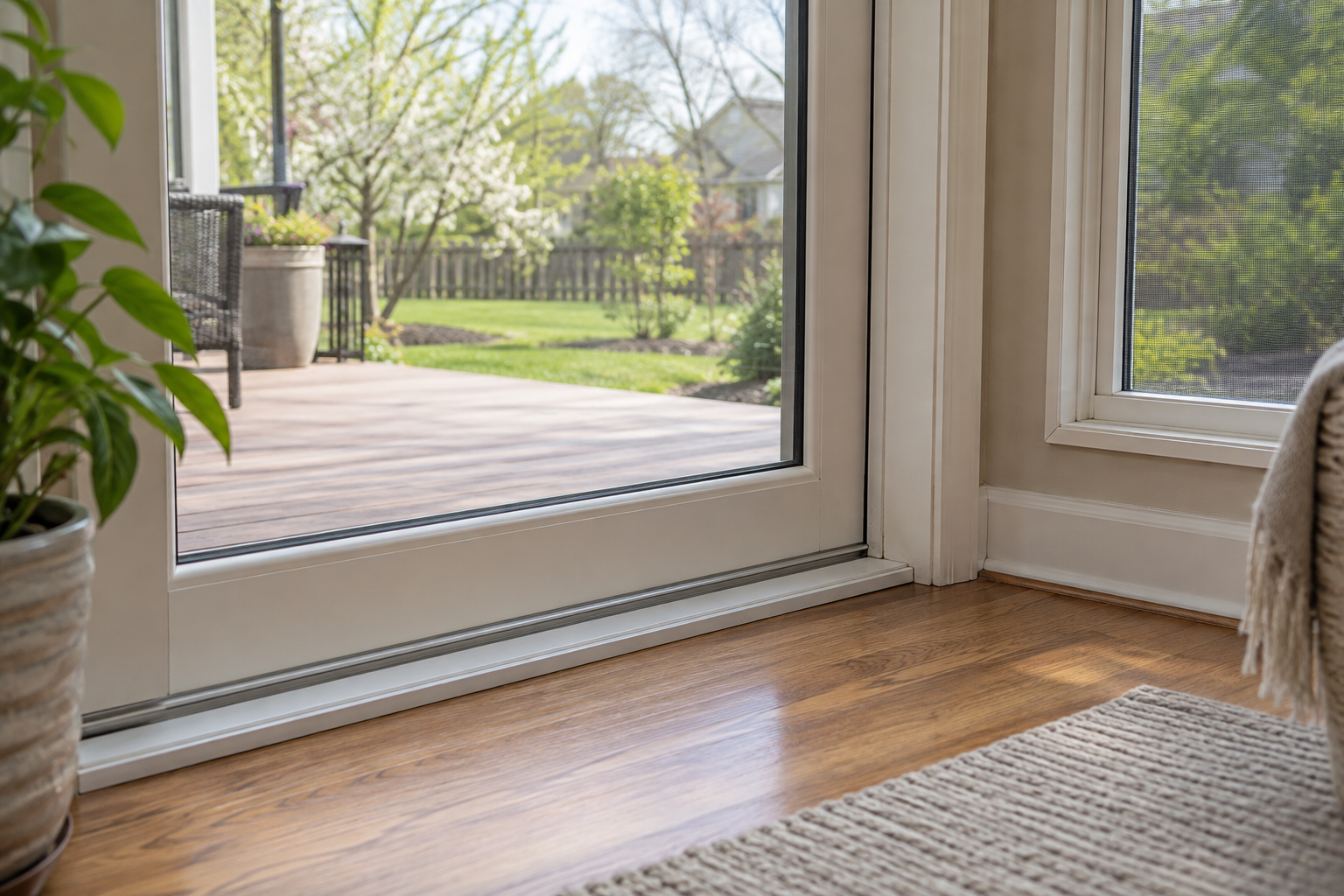 Illustrative patio-door threshold and screened window to check for signs of pest activity.