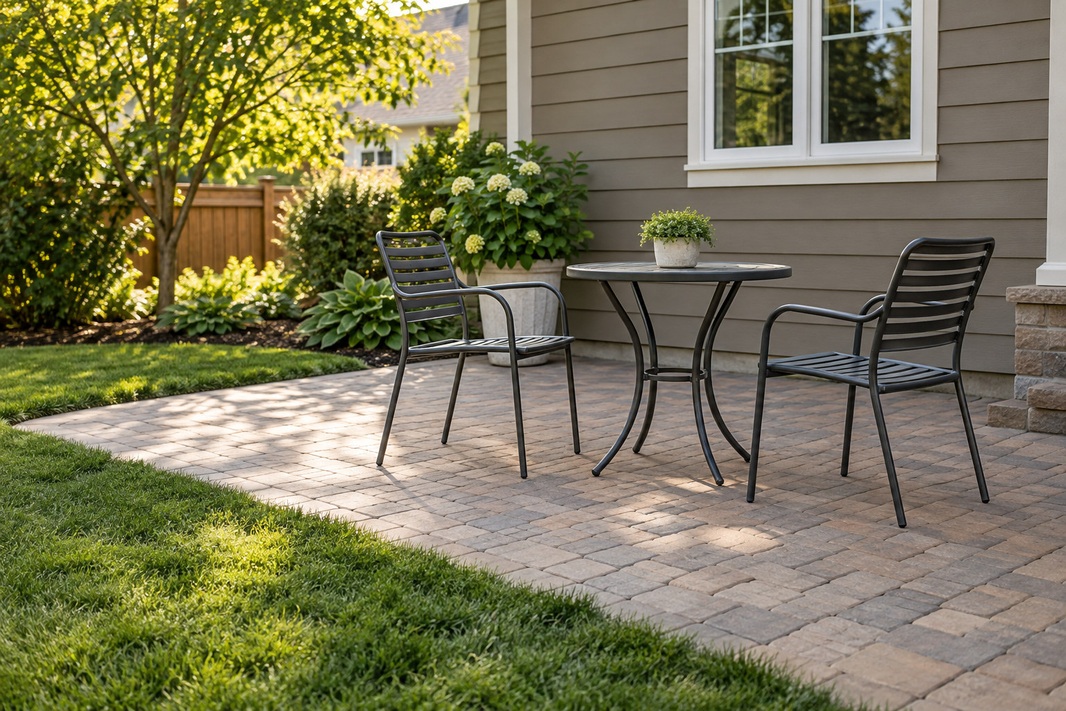Illustrative backyard patio with two chairs, a small table and a maintained lawn border.