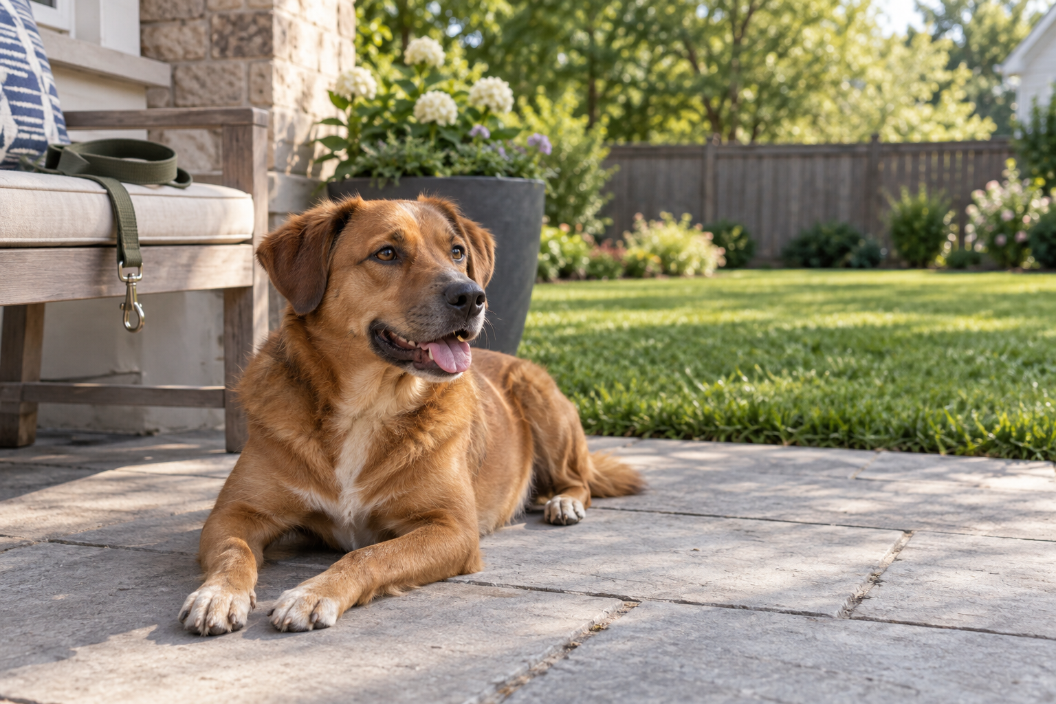 Illustrative dog resting on a patio beside a maintained fenced yard.
