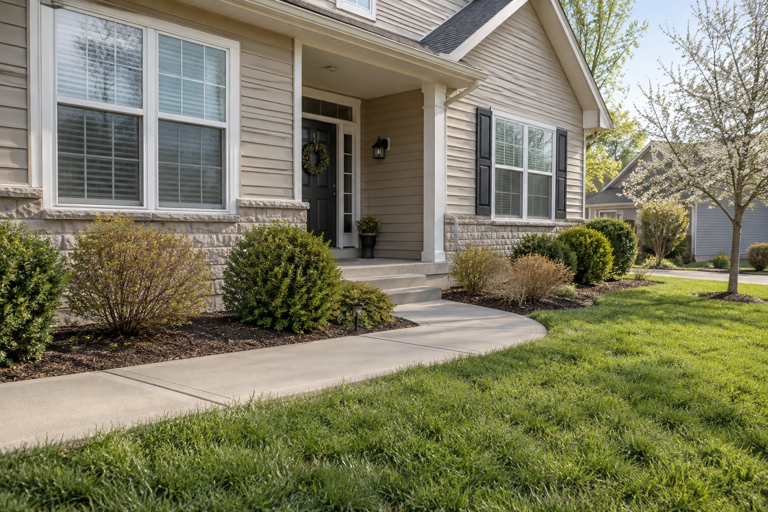 Illustrative home exterior with a clear walkway, trimmed shrubs and short lawn for year-round property-care planning.