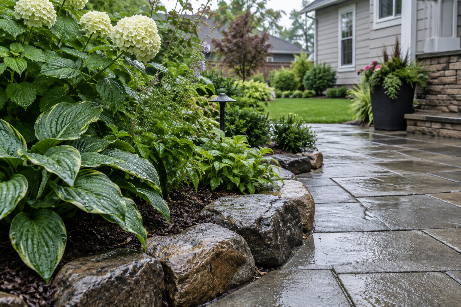 Illustrative damp garden border and patio pathway with rain droplets on leaves.