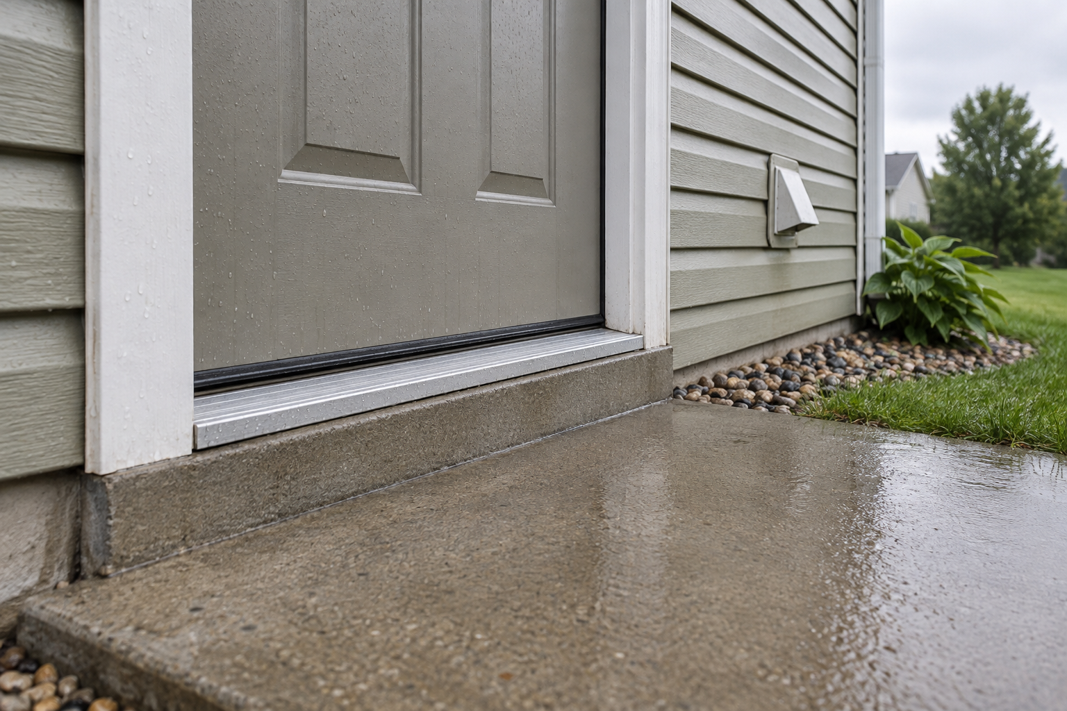 Illustrative exterior door threshold and damp landing after rain, showing an area to check for pest entry gaps.