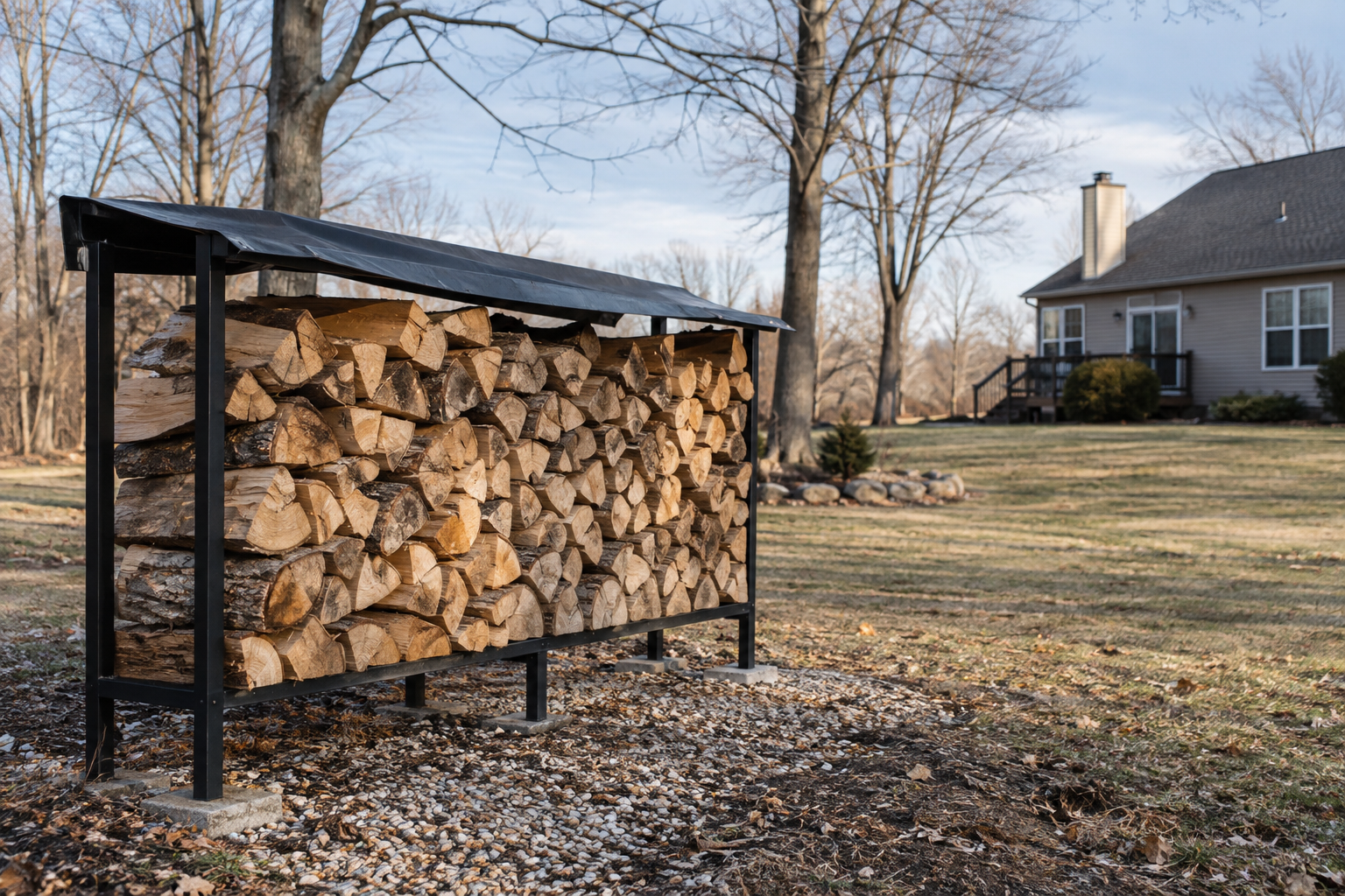 Illustrative firewood stack on a raised outdoor rack with a top cover, positioned away from the house.