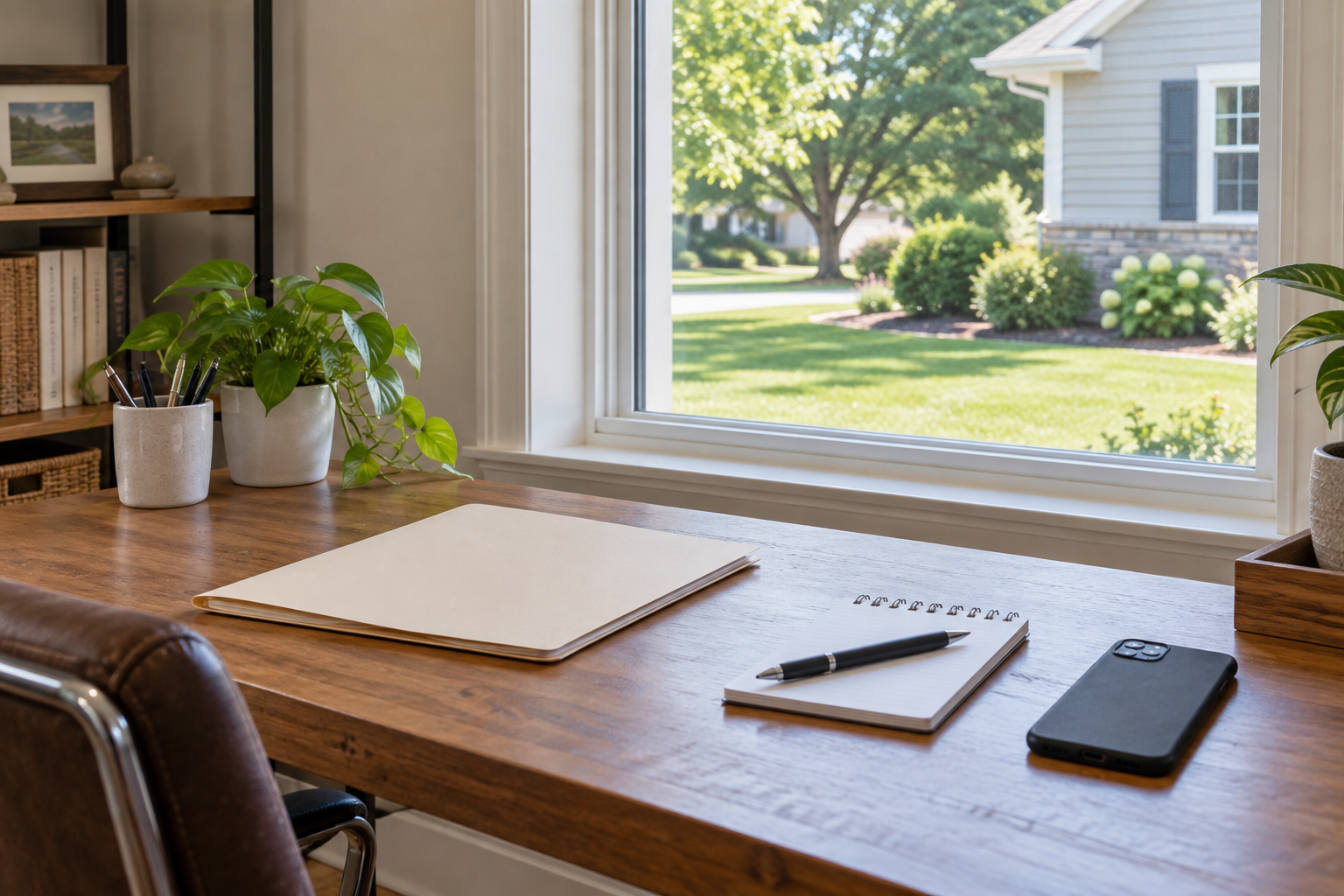 Illustrative home desk with a notepad, folder and phone for recording pest observations and planning follow-up.