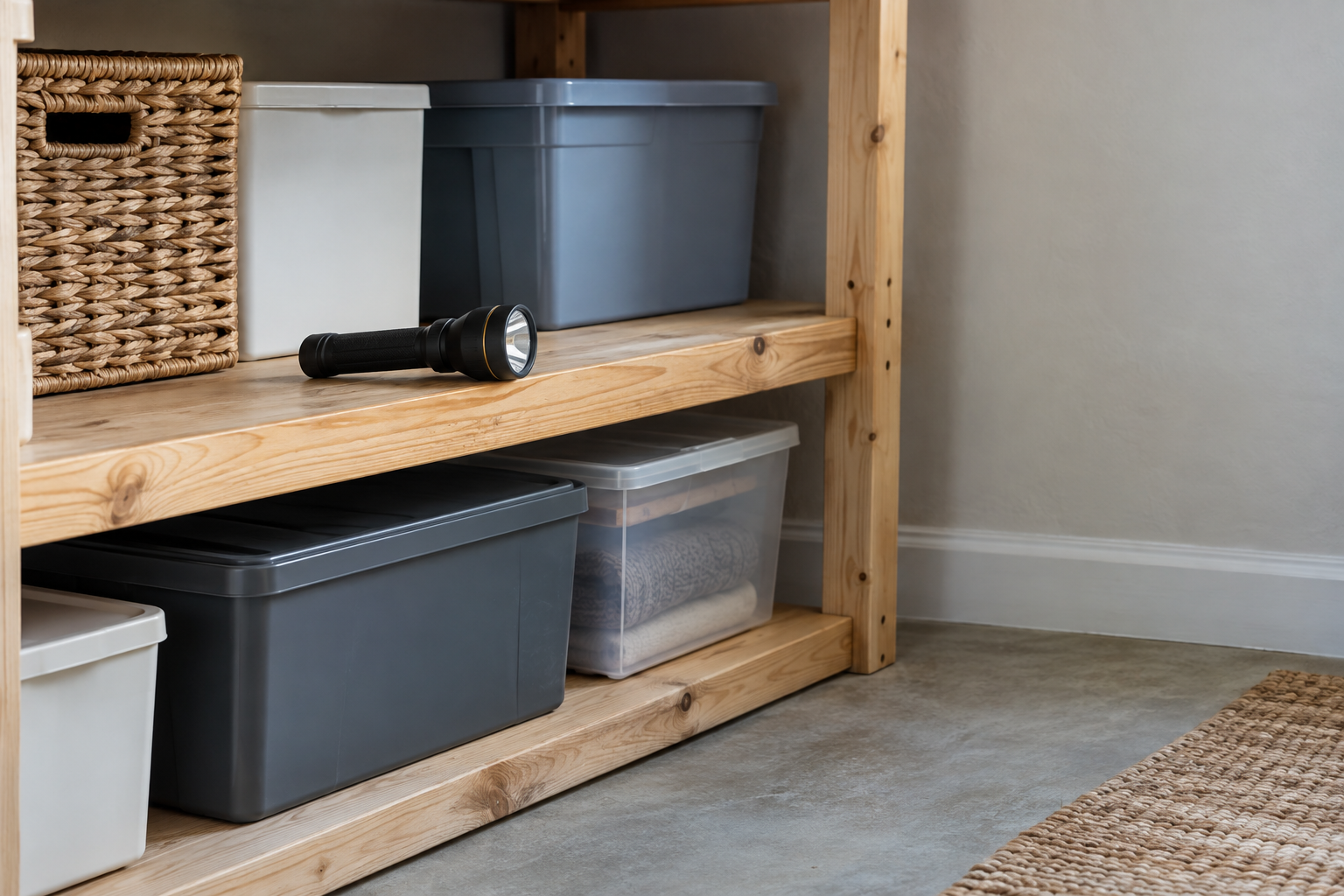 Illustrative flashlight beside closed household storage bins, showing an area for observing and reporting rodent concerns.