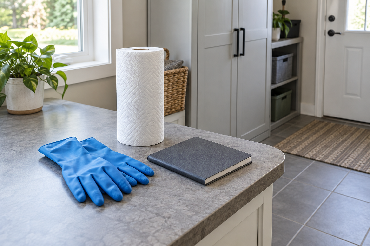 Illustrative cleanup-planning supplies with rubber gloves, paper towels and a notebook on a utility-room counter.