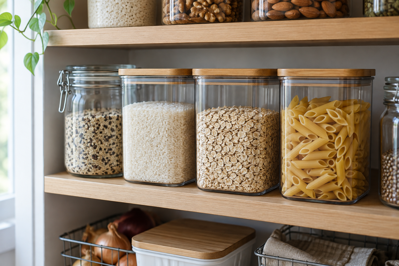 Illustrative sealed containers of rice, oats and pasta arranged on a pantry shelf for secure food storage.