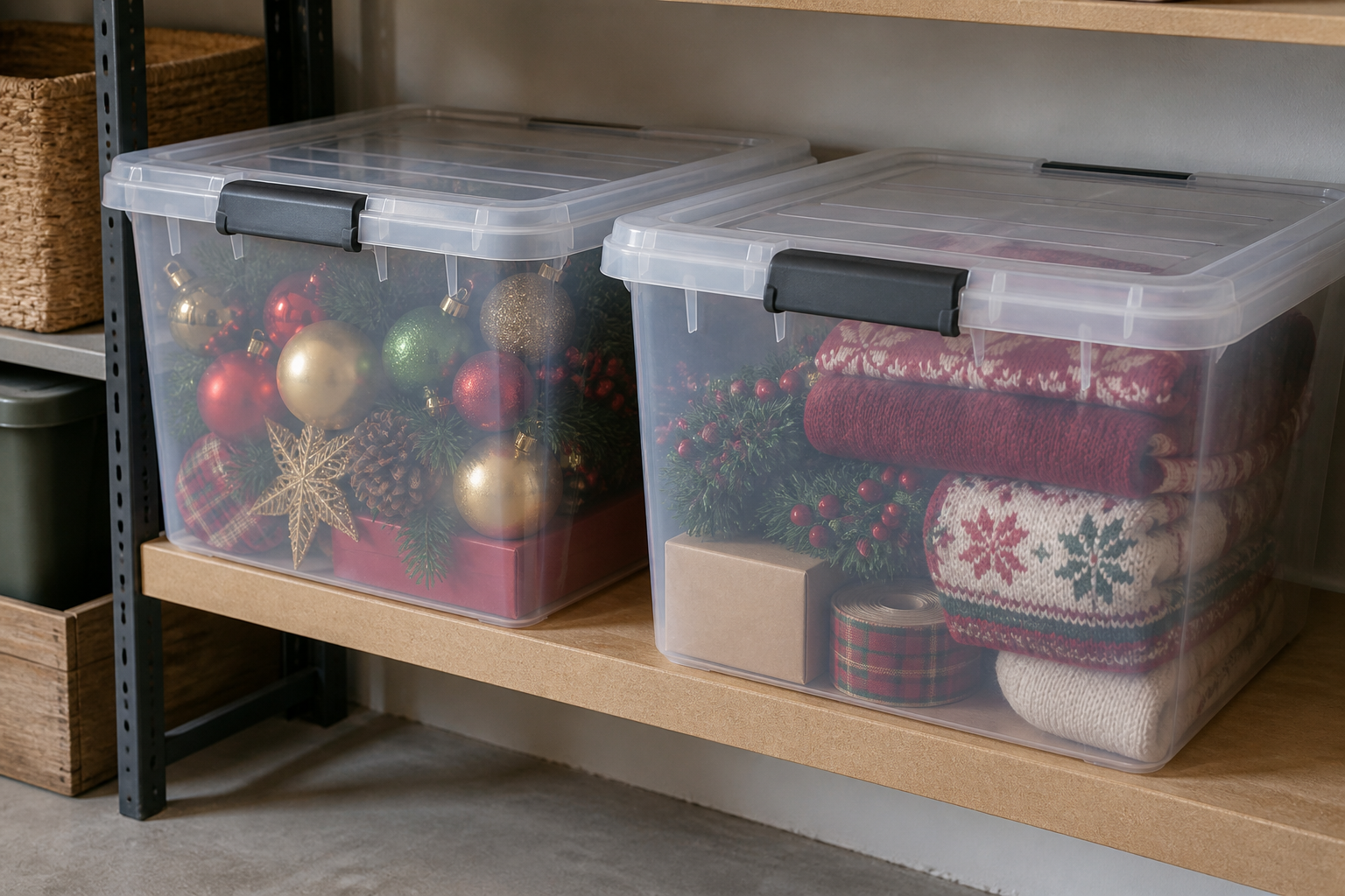 Illustrative holiday decorations packed in closed clear storage totes on a shelf above the floor.