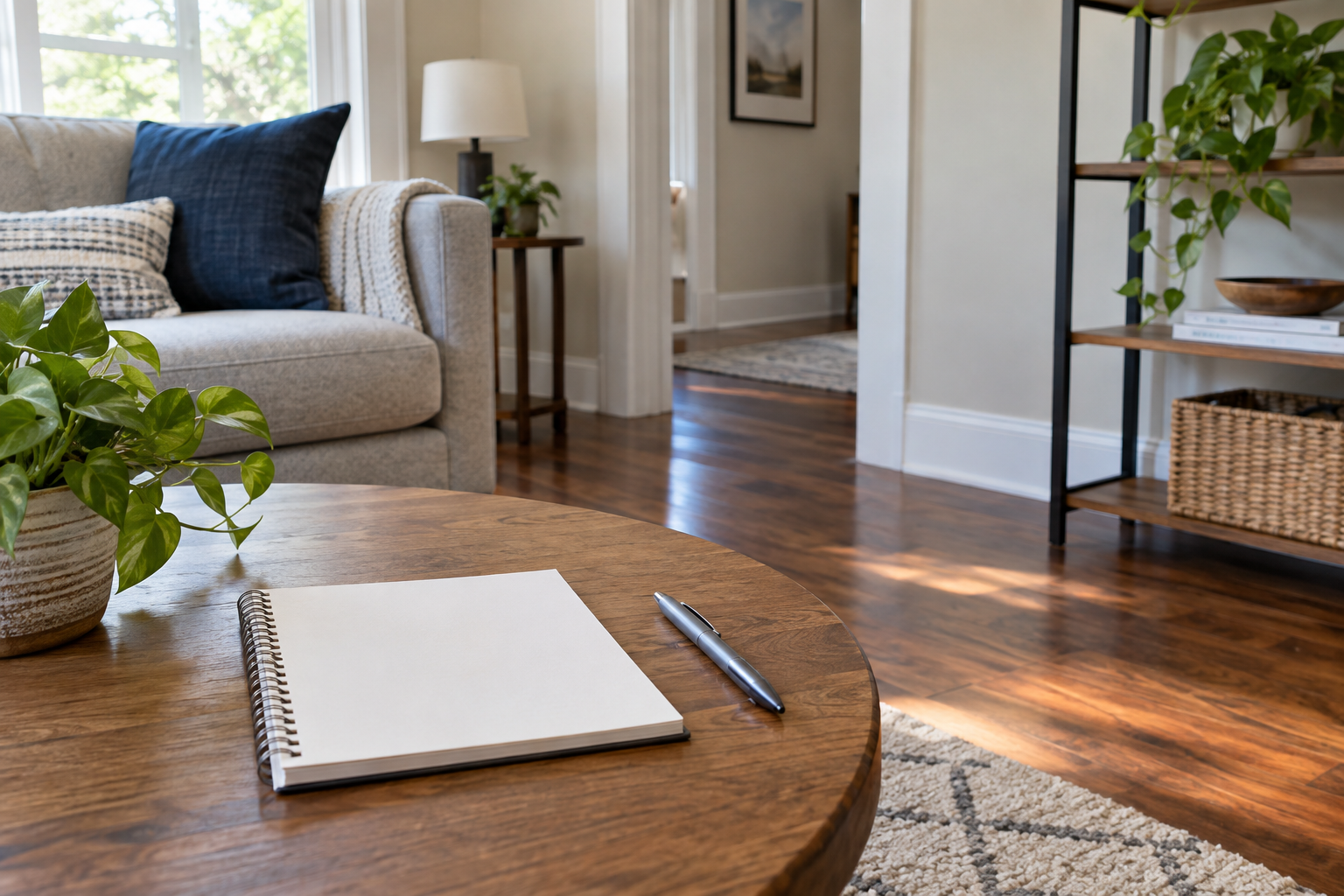 Illustrative notebook and pen in a living room, supporting preparation questions and planning for household pest service.