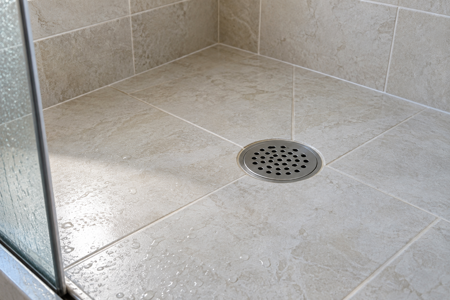 Illustrative shower floor and drain grate with intact tile and grout, providing context for routine drain care.