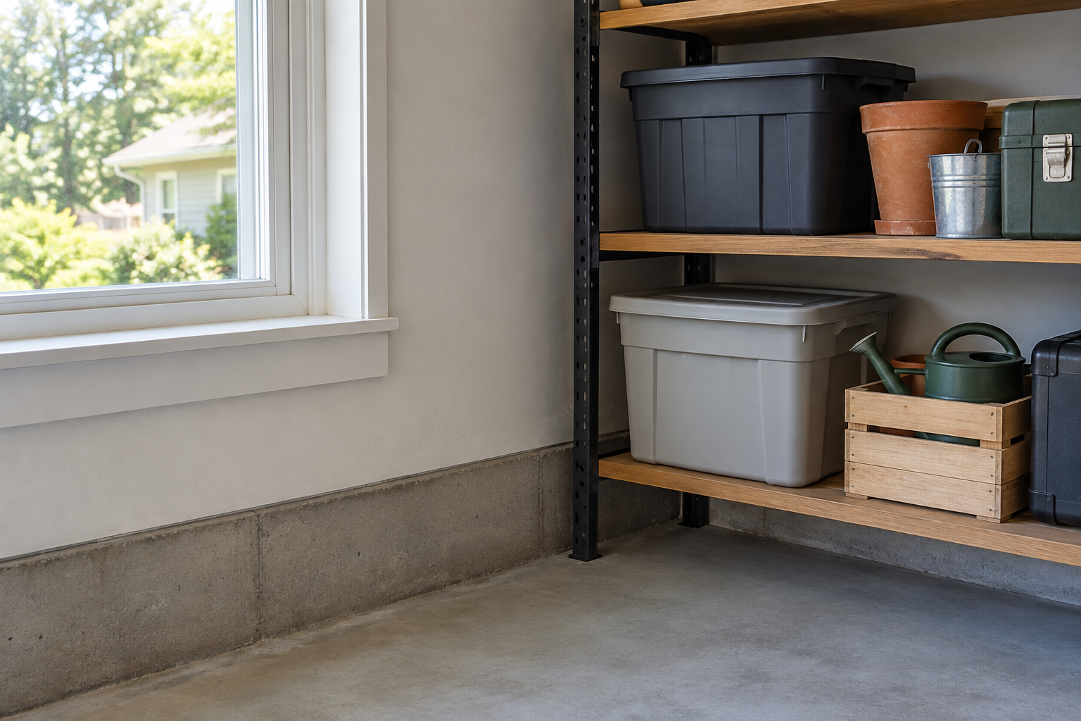 Illustrative garage window corner and organized shelving, showing sheltered areas and entry points to check when spiders recur.