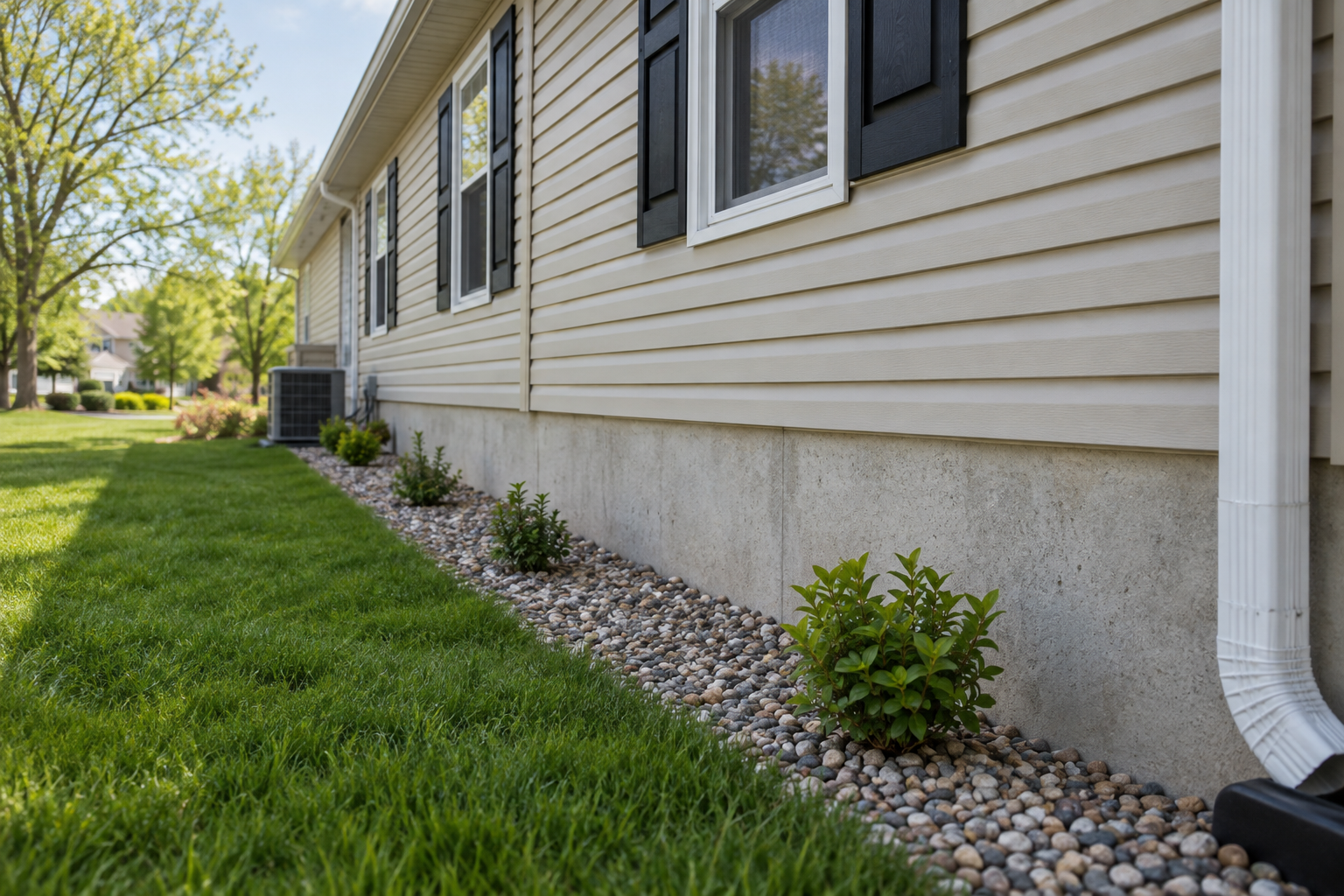 Illustrative house foundation and accessible perimeter in spring, providing context for termite inspection and protection planning.