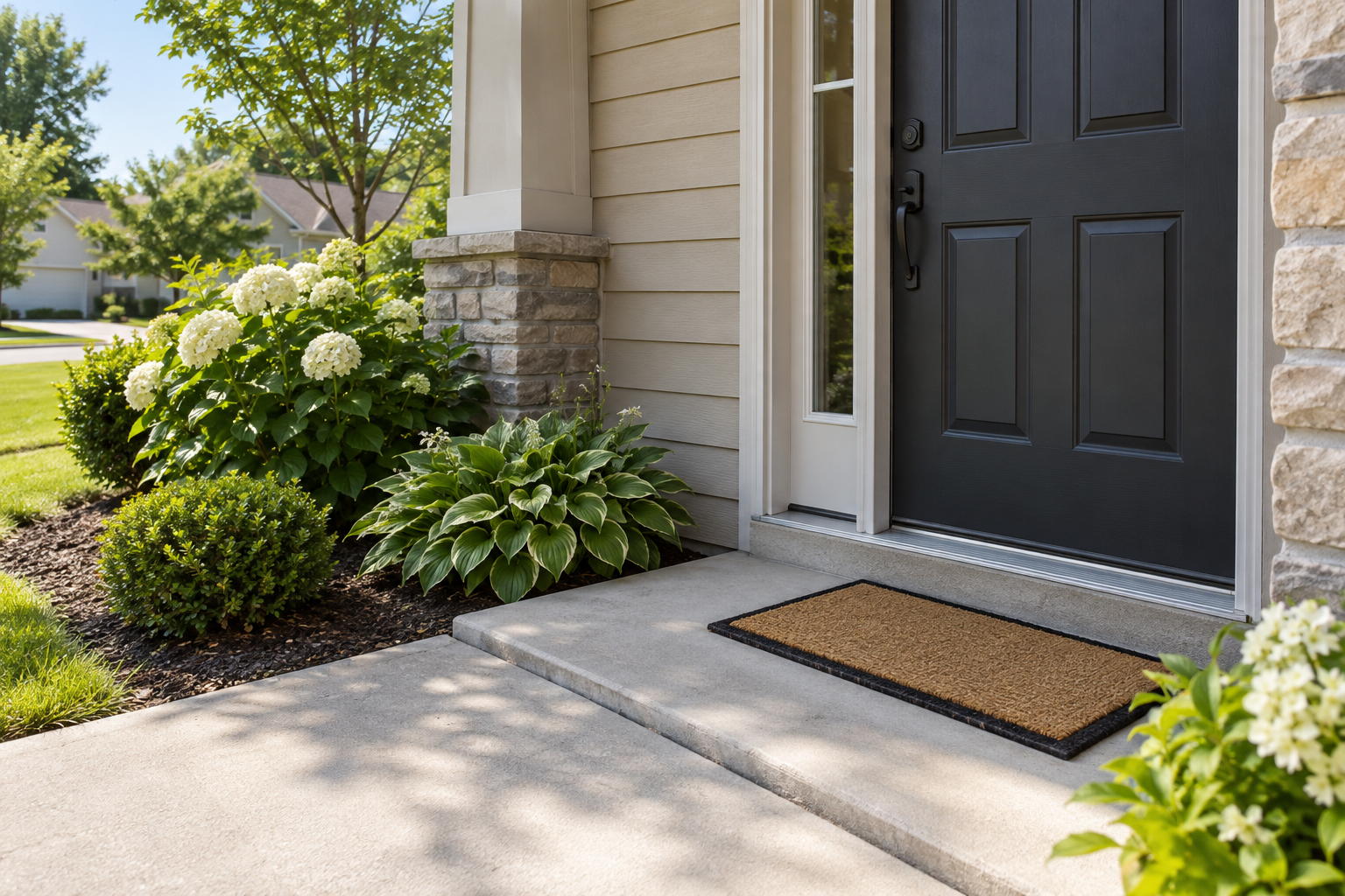 Illustrative summer home entrance with a door threshold, walkway and planting border for routine pest-prevention checks.