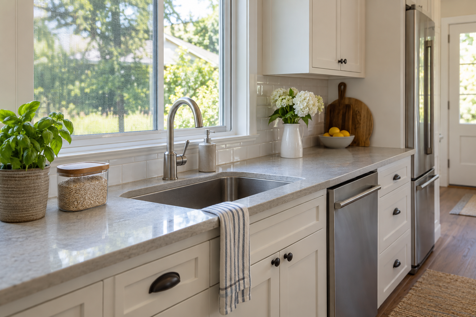 Illustrative kitchen sink, screened window and sealed food container, showing areas for summer pest-prevention checks.
