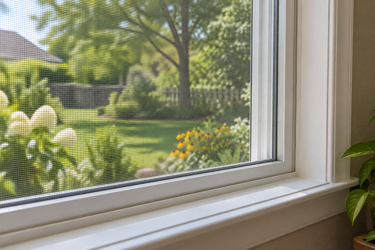Illustrative intact window screen, frame and clear sill with a summer garden beyond, for seasonal entry-point checks.