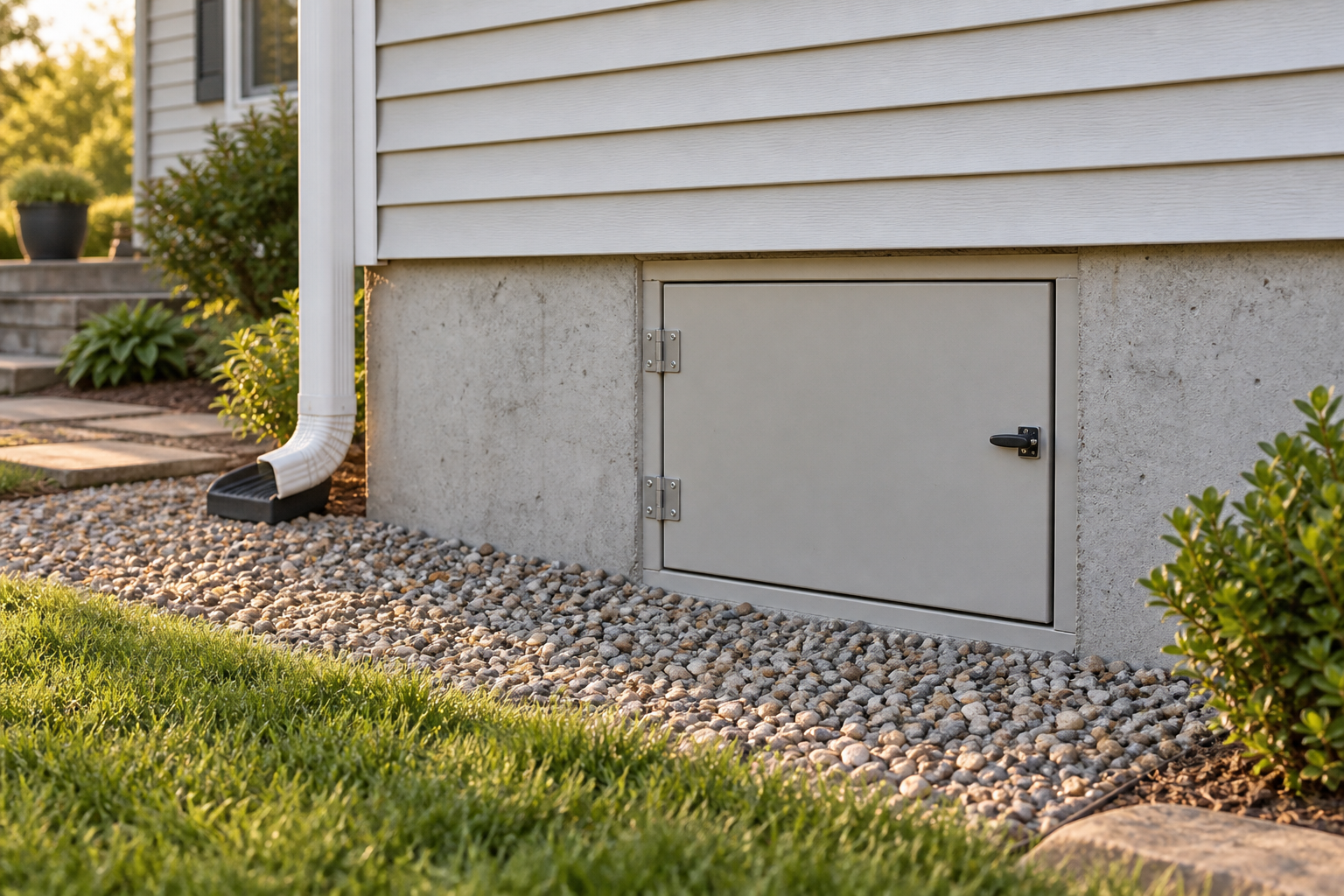 Illustrative exterior crawlspace access door in a home foundation, relevant to discussing inspection access and limits.