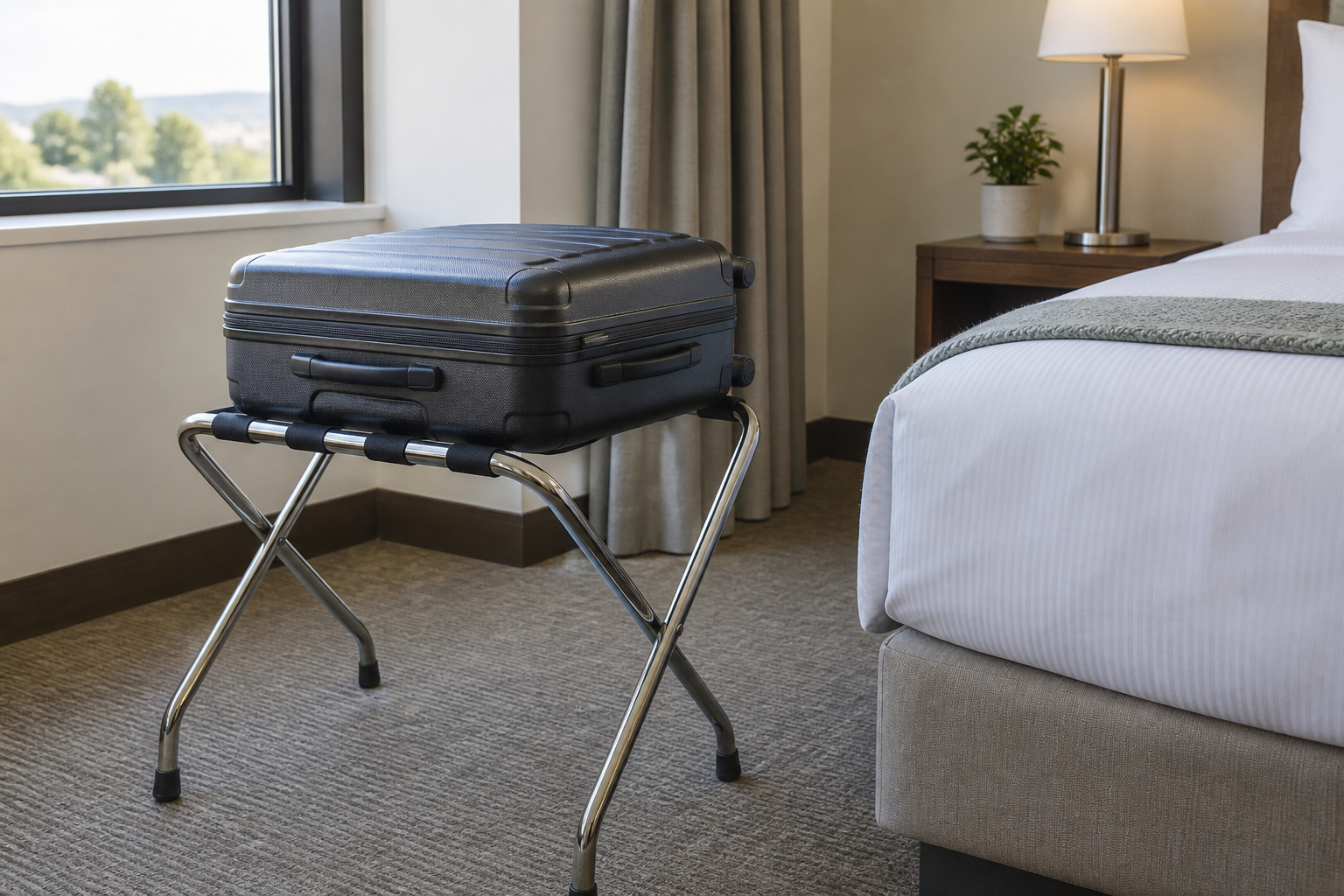 Illustrative closed suitcase on a luggage rack separated from a hotel bed, supporting travel and bed bug prevention guidance.