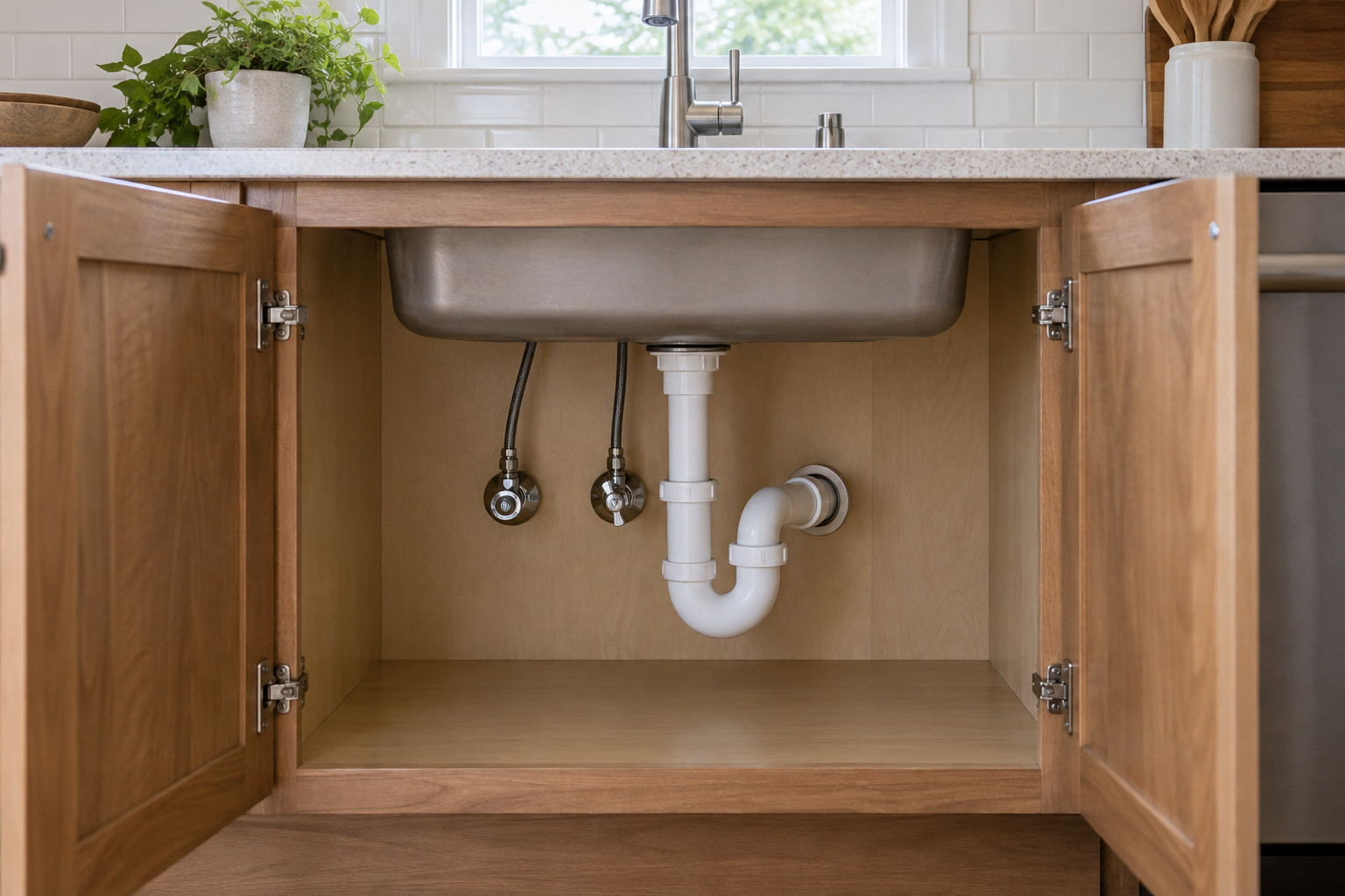 Illustrative open sink cabinet with visible drain trap, supply valves and a dry cabinet base.