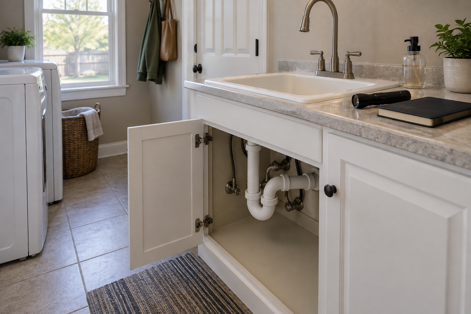 Illustrative utility room with an open sink cabinet, notebook and flashlight for an inspection discussion.
