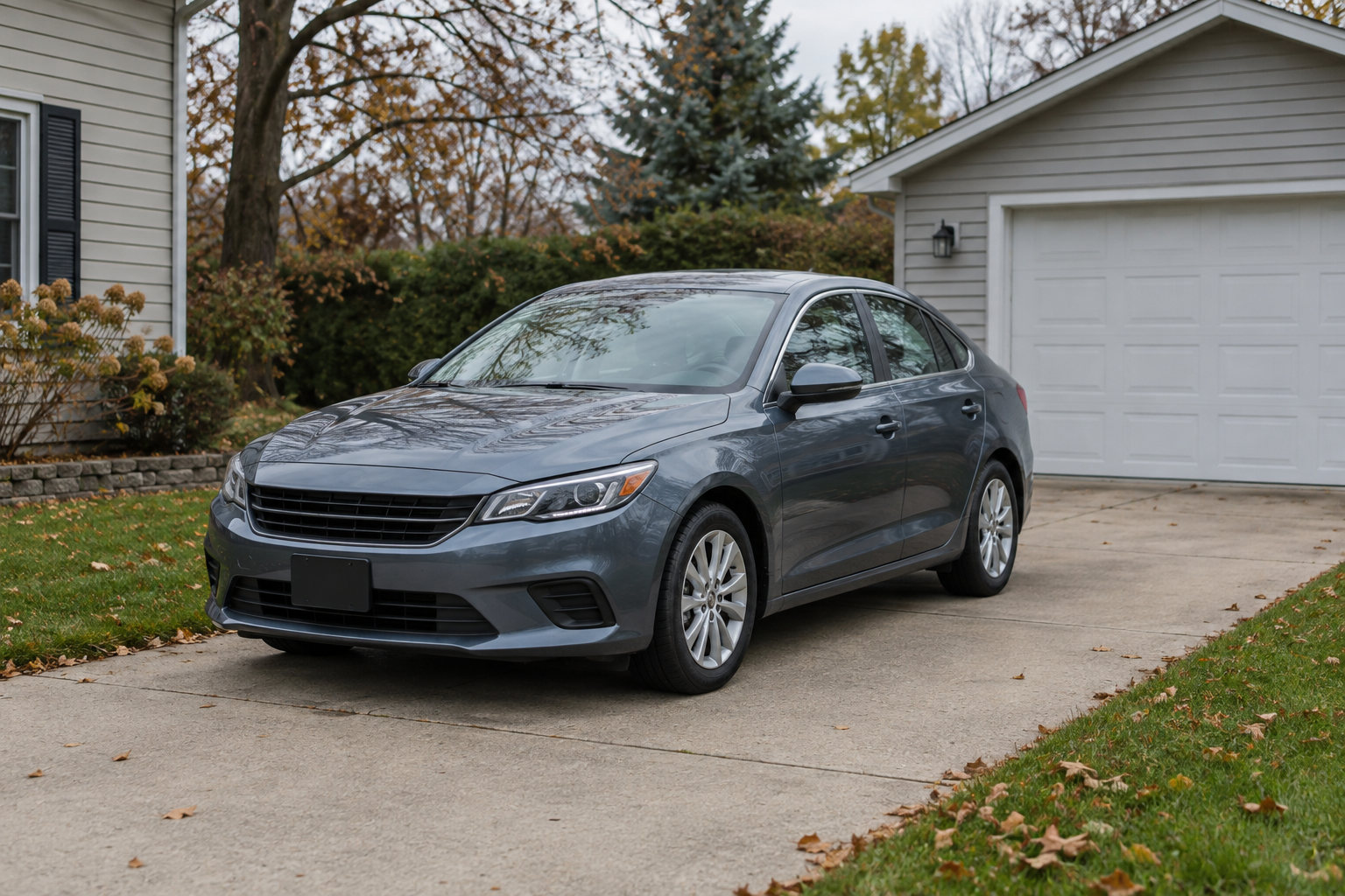 Illustrative car parked on an accessible residential driveway beside a garage, providing context for routine rodent checks around vehicles.