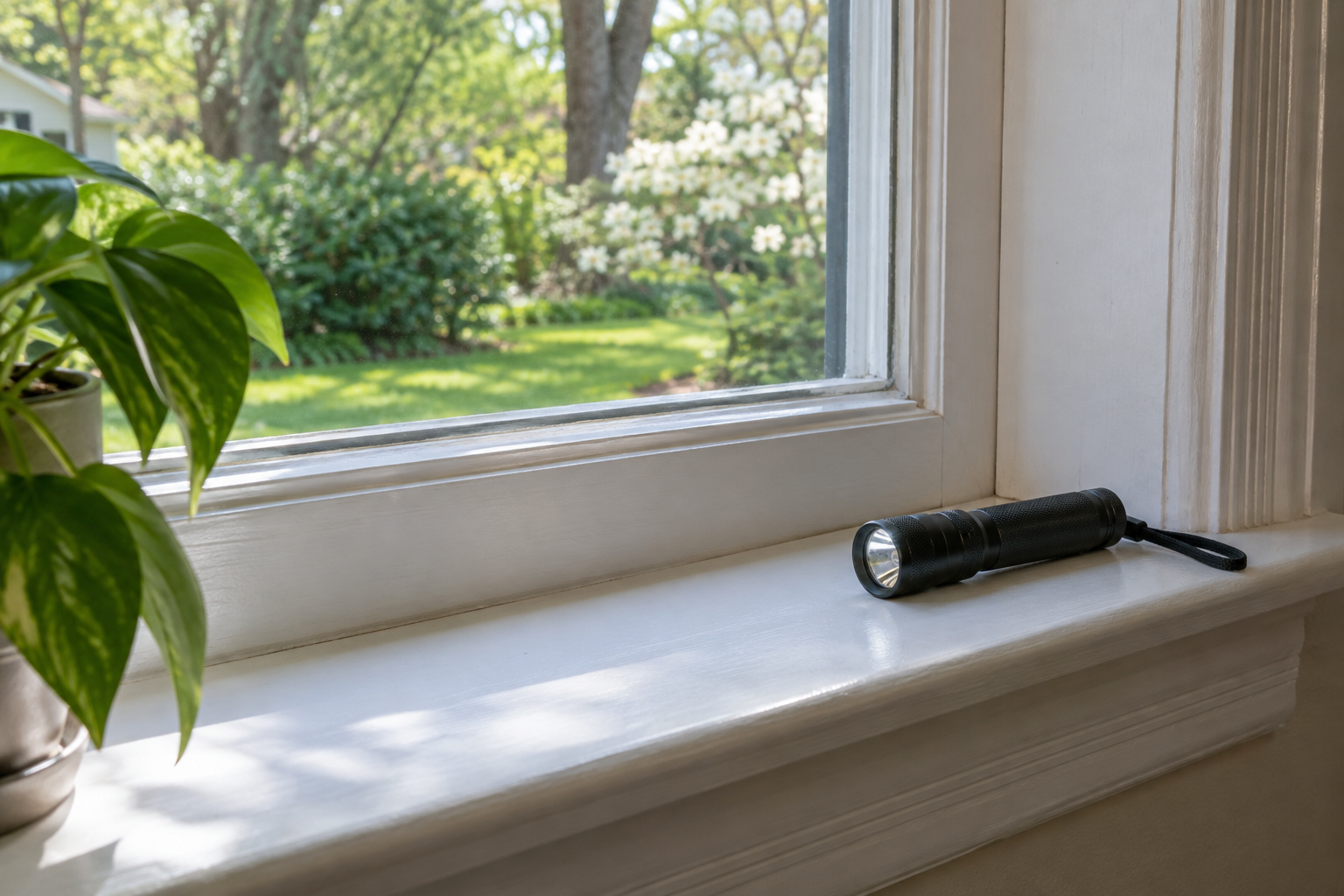 Illustrative windowsill and flashlight for checking a home for signs of pest activity.