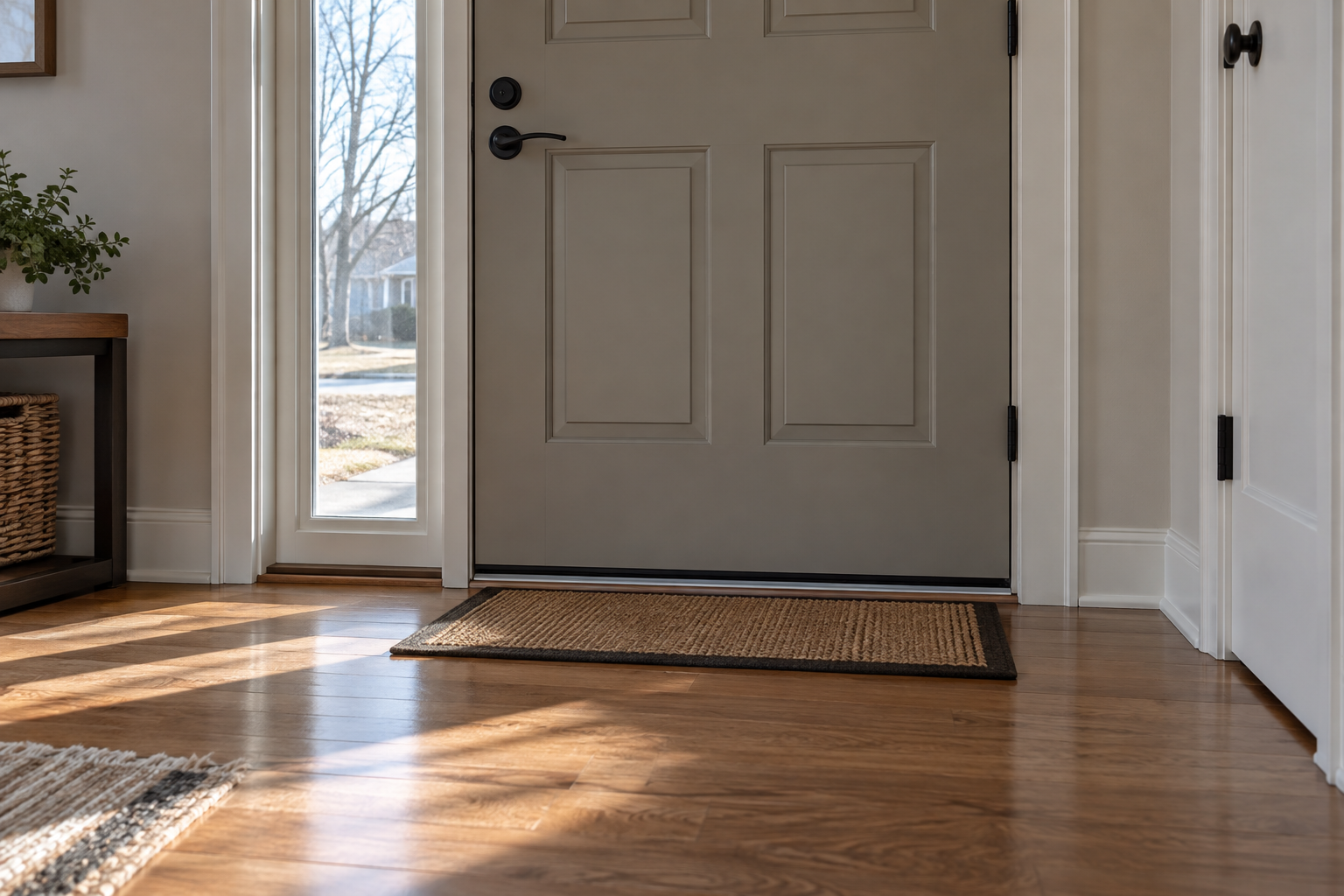 Illustrative door threshold and floor edge, showing an entry area to check when crickets appear indoors.