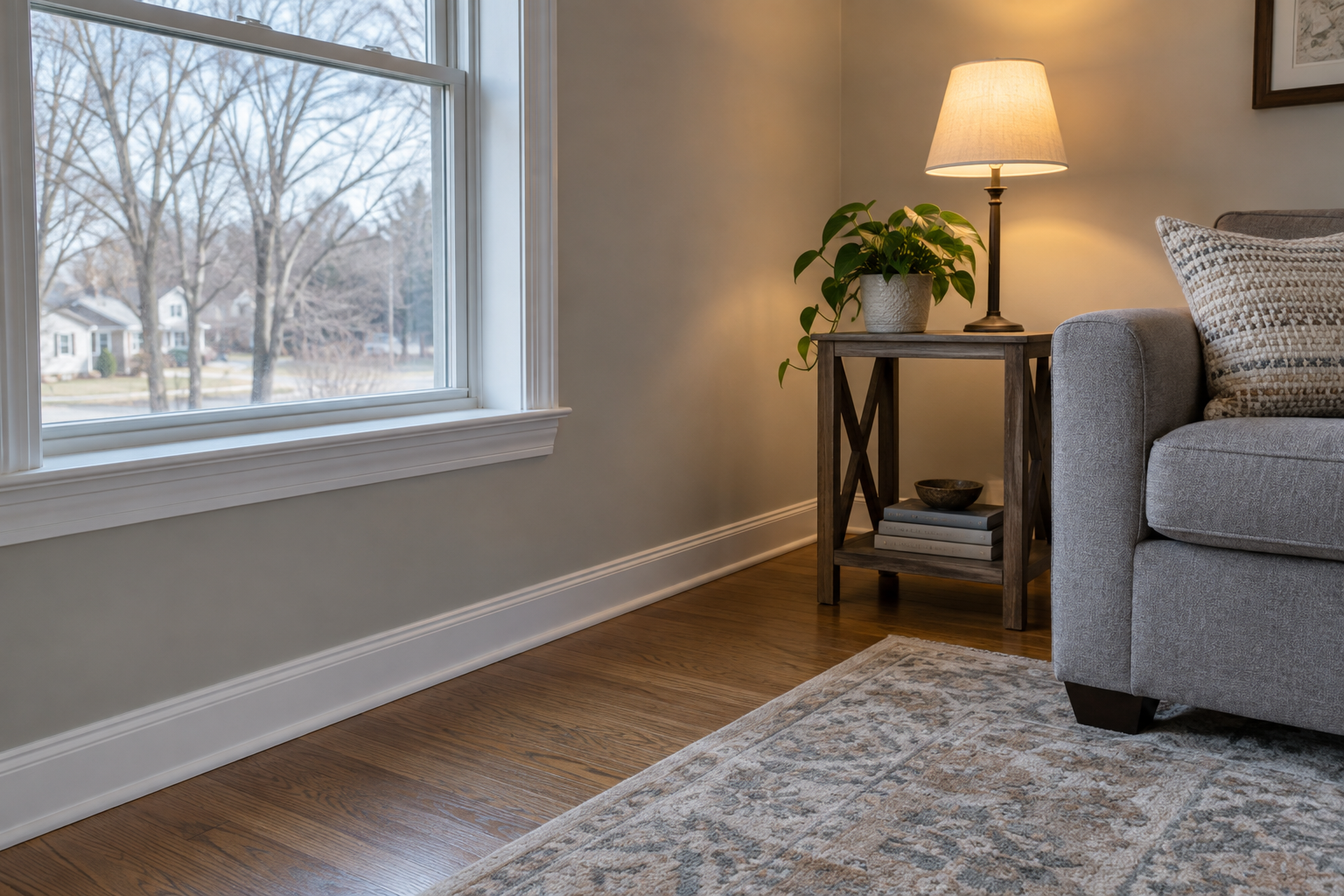 Illustrative living room window and clear baseboard area with winter trees outside, for routine indoor pest checks.