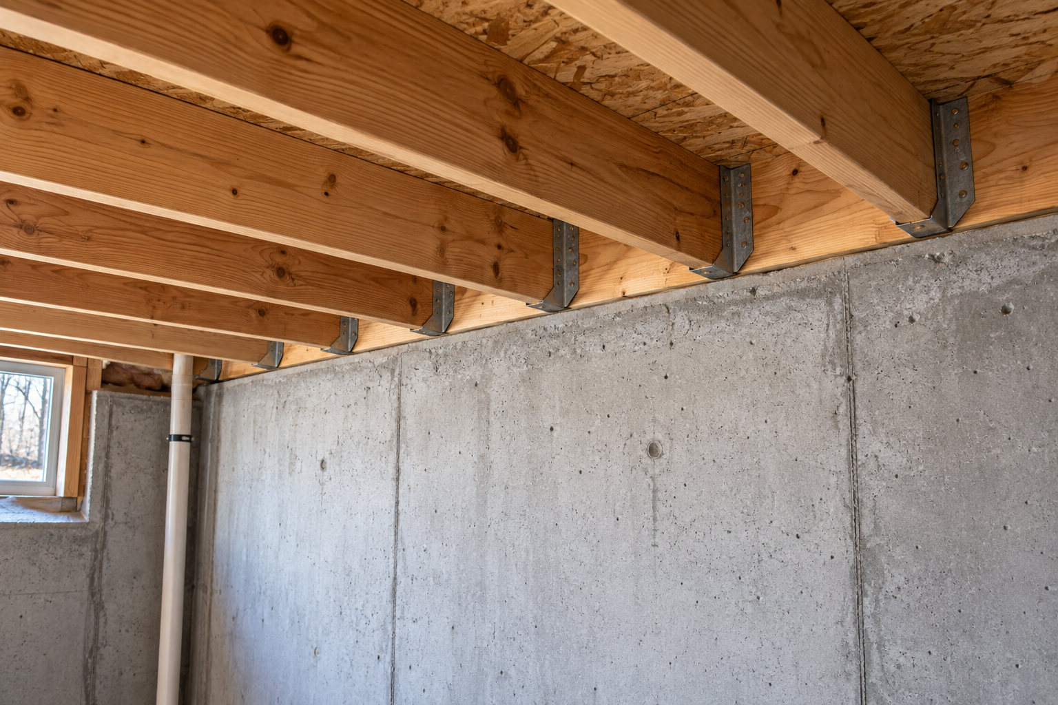 Illustrative exposed wooden floor joists above a concrete basement wall for inspection.
