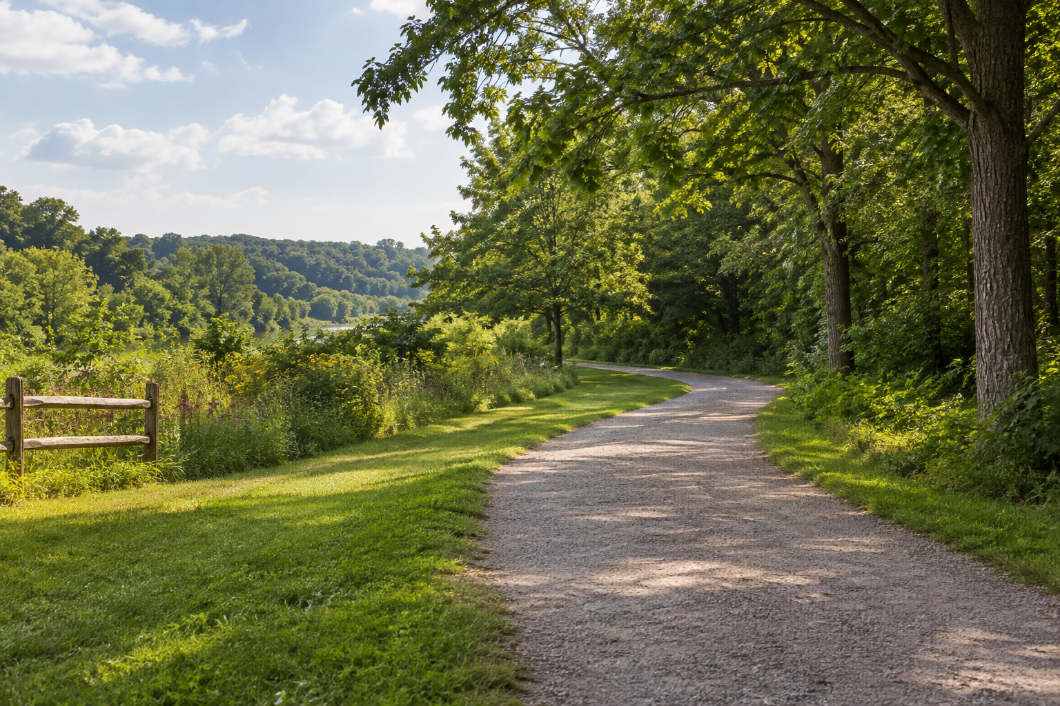 Illustrative maintained walking path with short grass at the edge of woodland.