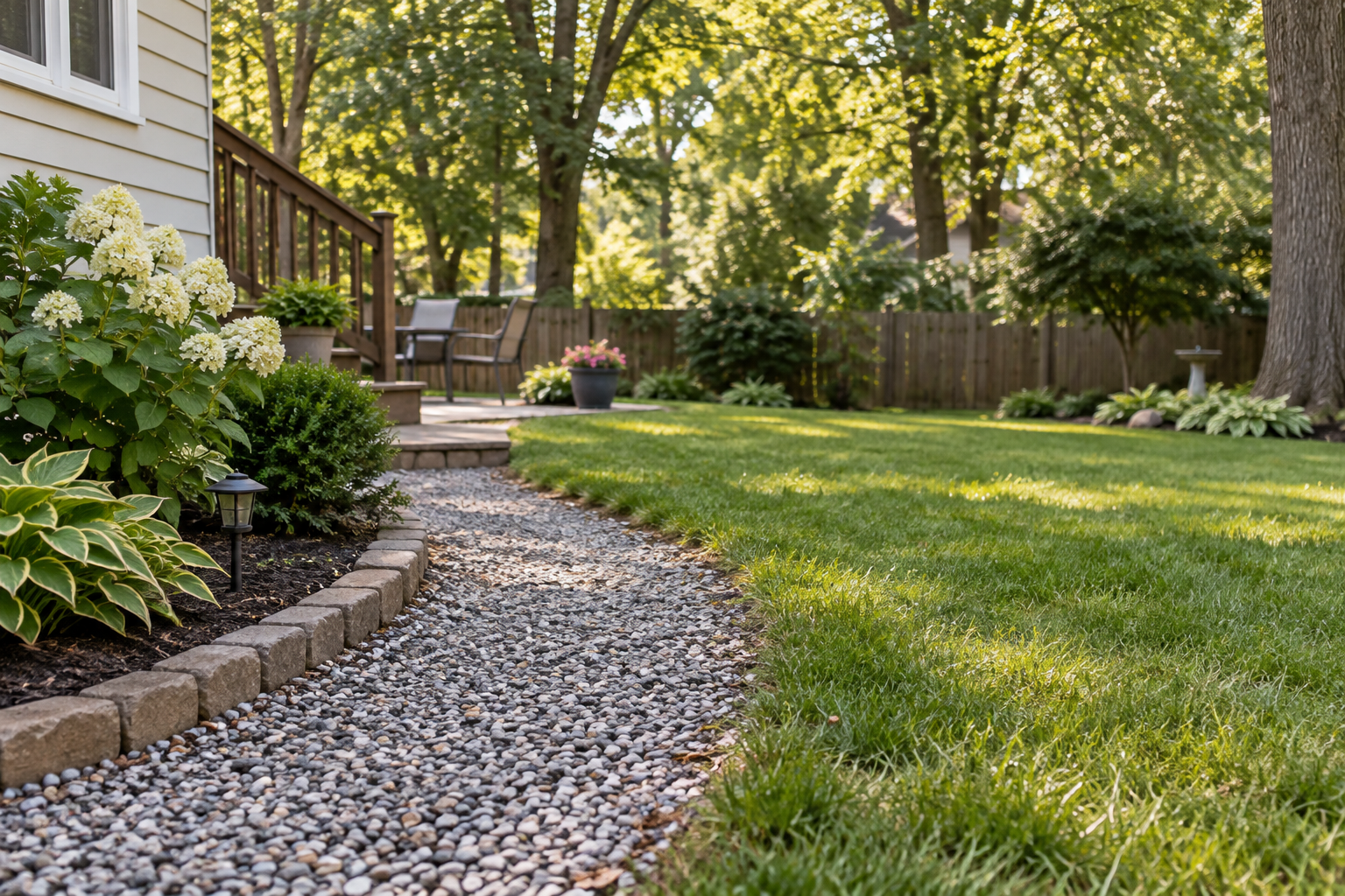 Illustrative trimmed lawn edge beside a gravel path and planted border, for outdoor pest-prevention follow-up.