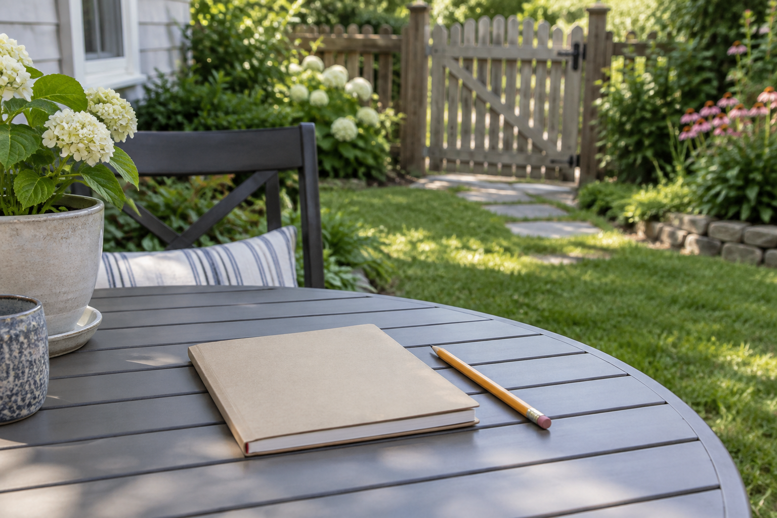 Illustrative notebook and pencil on a patio table, representing questions to prepare when planning termite protection for a home.