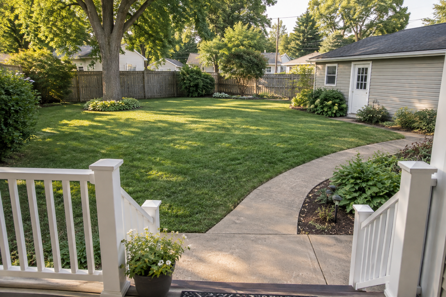 Illustrative residential yard and pathway, showing property features to discuss when choosing pest services and visit frequency.