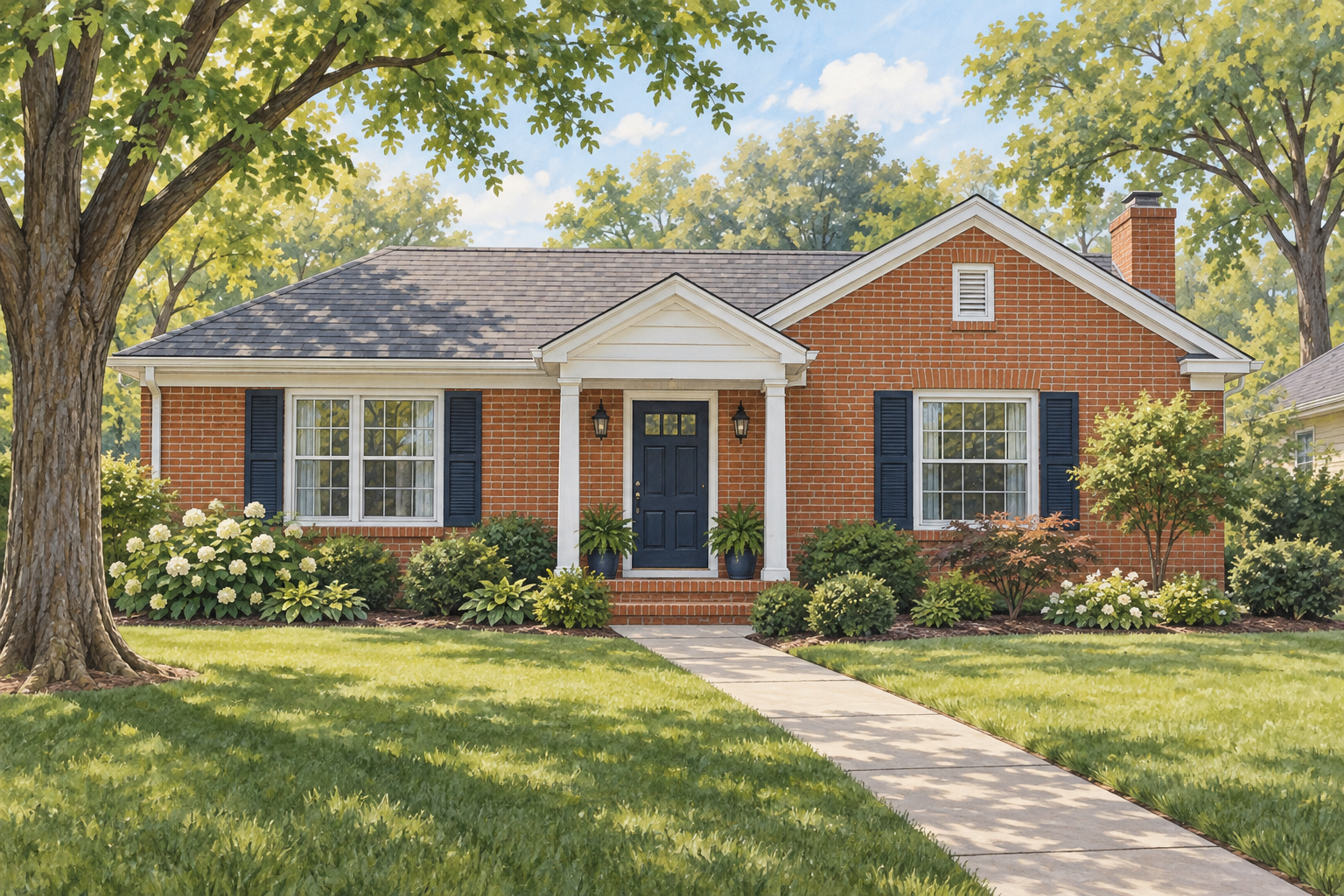 Illustrative single-story red brick home with white trim and a navy door; not a customer property photograph.