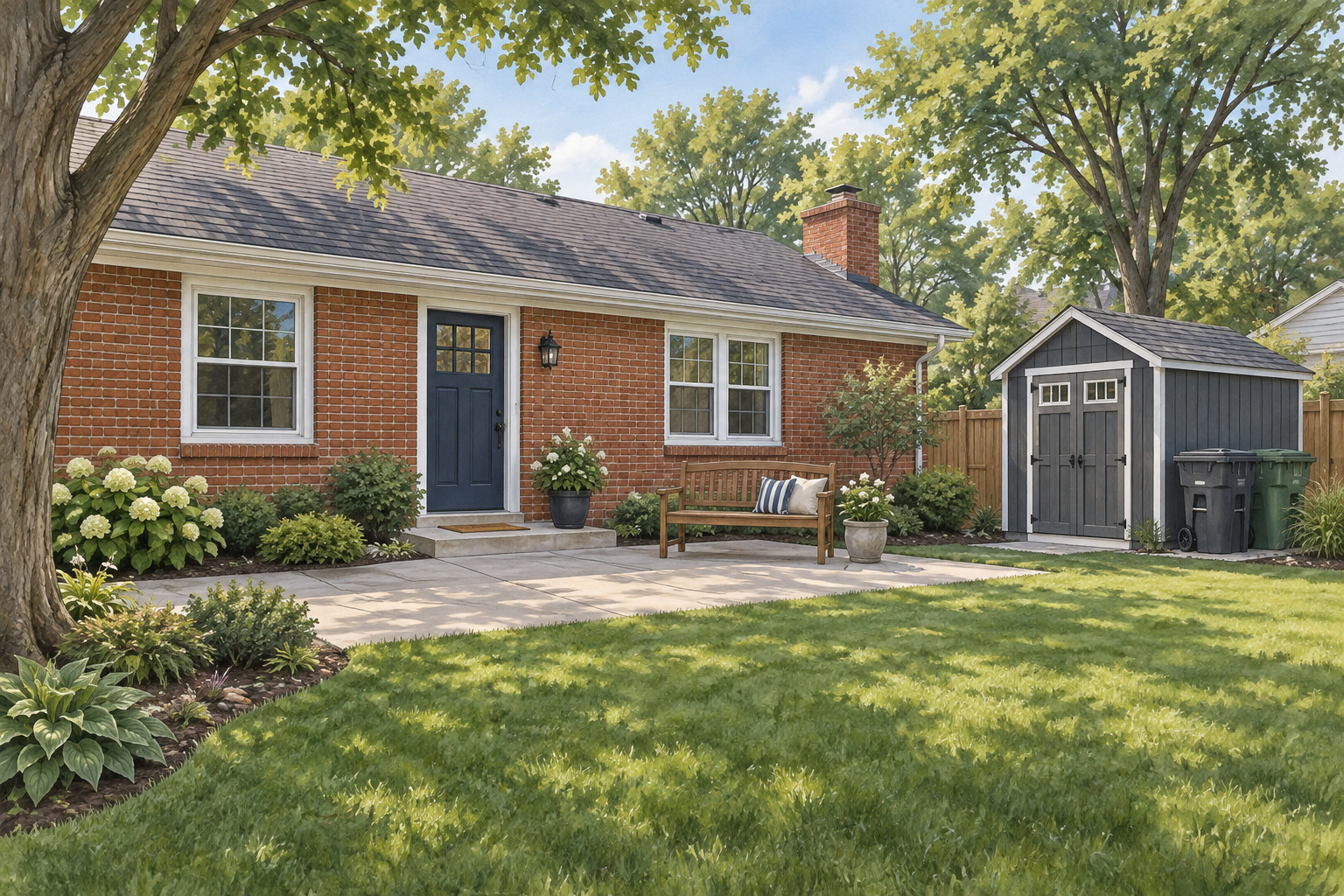 Illustrative backyard with a concrete patio, wooden bench and dark gray shed; not a customer property photograph.