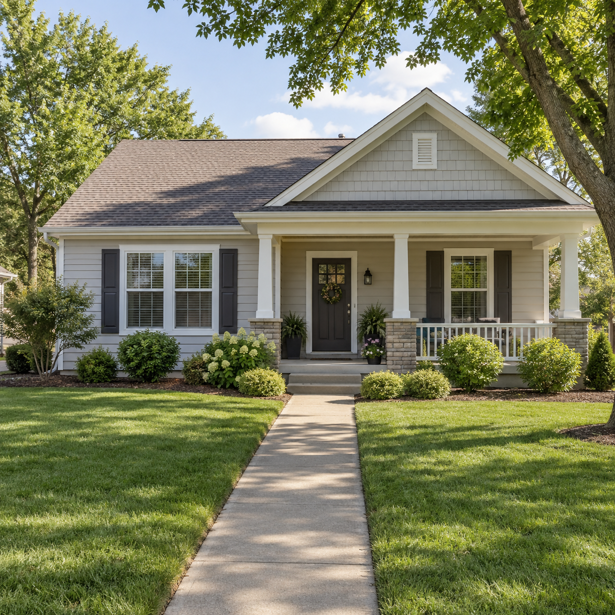 Illustrative Midwestern home with a front porch, lawn, and trees Illustrative Midwestern home with a front porch, lawn, and trees