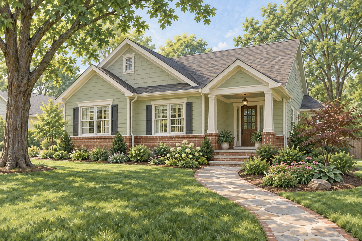 Illustrative pale-sage home with a red-brick foundation and front garden path; not a customer property photograph.