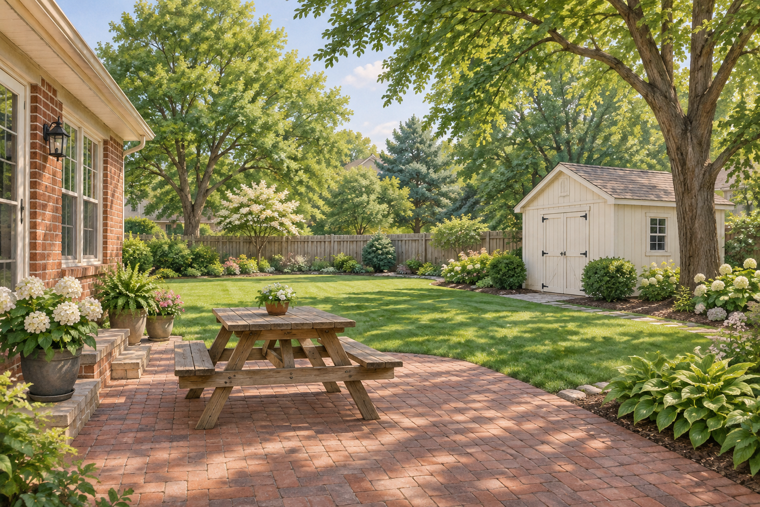 Illustrative backyard with a brick patio, wooden picnic table and cream shed; not a customer property photograph.