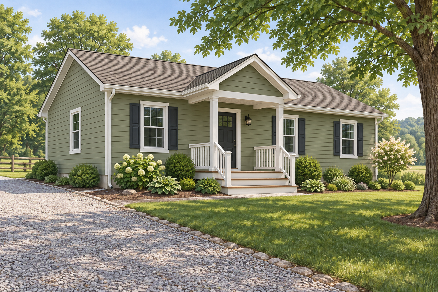 Illustrative sage-green home with a covered entry and gravel driveway; not a customer property photograph. Illustrative sage-green home with a covered entry and gravel driveway; not a customer property photograph.