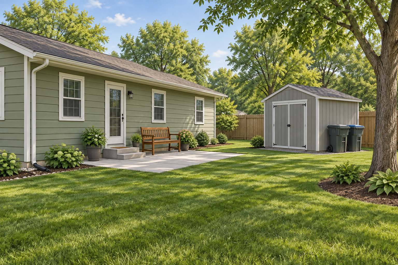 Illustrative backyard with a patio, storage shed and closed trash bins; not a customer property photograph. Illustrative backyard with a patio, storage shed and closed trash bins; not a customer property photograph.