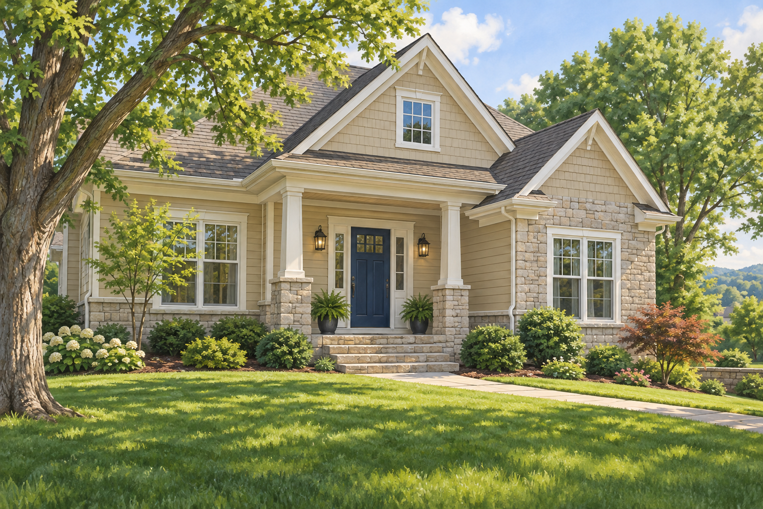 Illustrative sand-colored gabled home with a dark-blue door and stone porch steps; not a customer property photograph. Illustrative sand-colored gabled home with a dark-blue door and stone porch steps; not a customer property photograph.