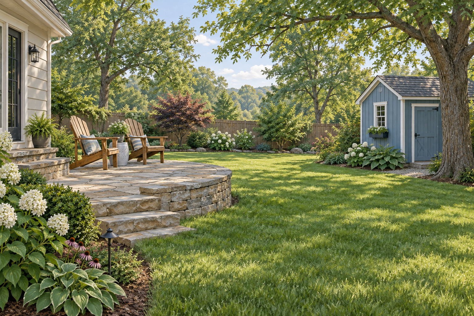 Illustrative backyard with a stone terrace, two wooden chairs and muted-blue shed; not a customer property photograph. Illustrative backyard with a stone terrace, two wooden chairs and muted-blue shed; not a customer property photograph.